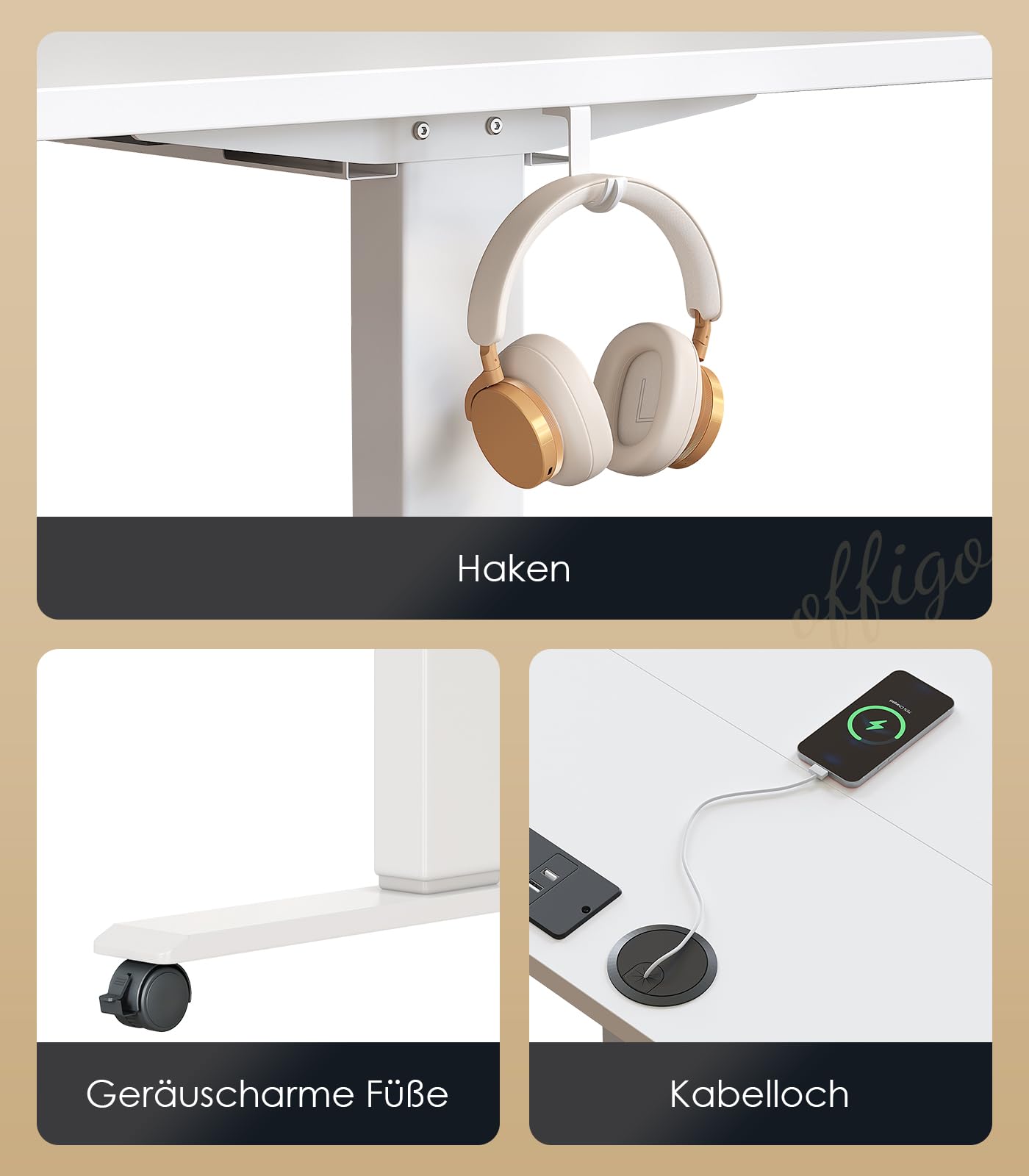 OffiGo Höhenverstellbarer Schreibtisch, 180cm, Elektrischer Schreibtisch mit USB, Schreibtisch Höhenverstellbar mit 2 Memory Funktion, Tisch Höhenverstellbar für Büro, Zuhause, Gaming, Schwarz