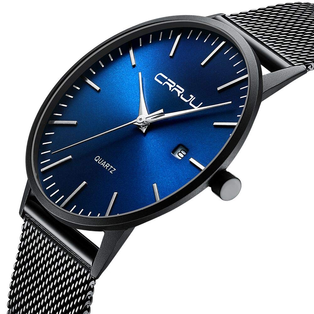 CRRJU Herren Uhr Ultra Dünne Wasserdicht Armbanduhr Herren Mode mit Schwarz Edelstahlband Mesh Analog Quarz Business Männer Uhren