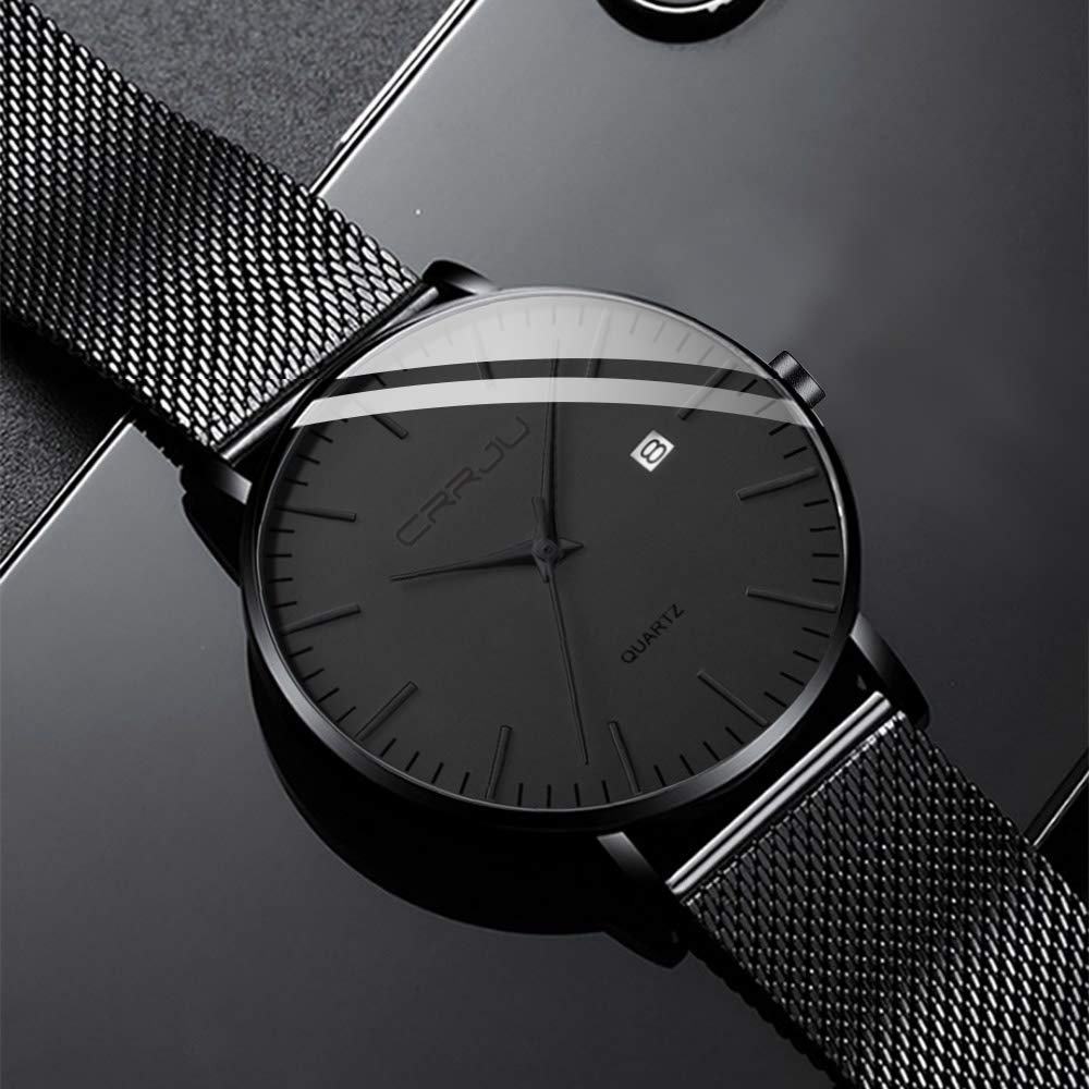 CRRJU Herren Uhr Ultra Dünne Wasserdicht Armbanduhr Herren Mode mit Schwarz Edelstahlband Mesh Analog Quarz Business Männer Uhren