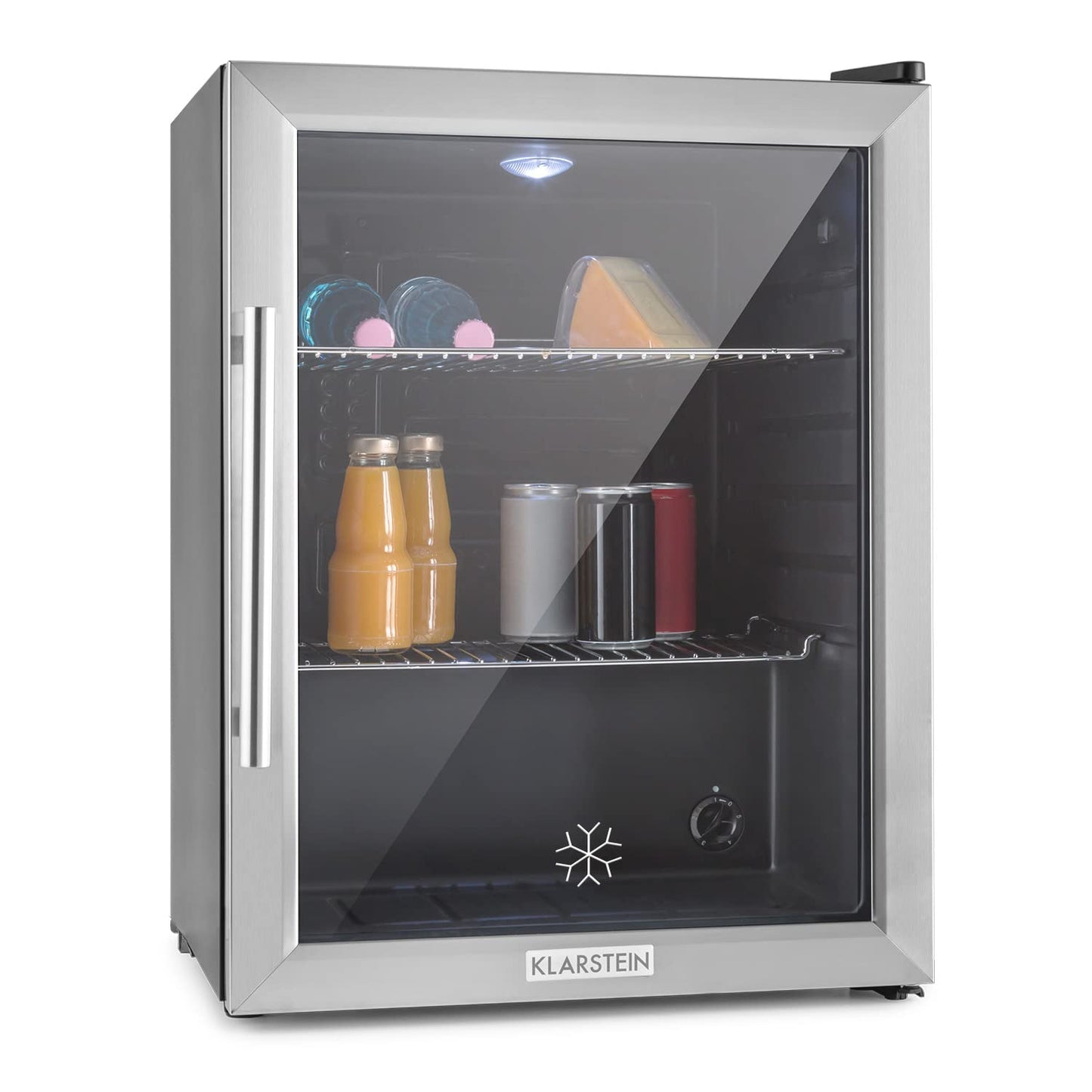 Klarstein Mini Fridge with Glass Door, Mini, for Room, Drinks Fridge Small with Adjustable Shelves, with Waveform Racks, 60 Liter Refrigerator Quiet