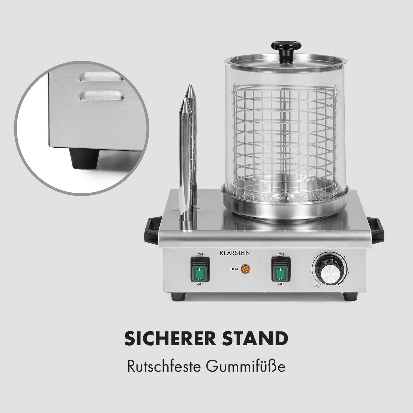 Klarstein Wurstfabrik Pro 550 Hot Dog Maker, 550 Watt, 2 Heizspieße, Temperaturregler 30-100 °C, Glaszylinder: Ø 20 cm, Edelstahlkäfig: Ø 17 cm, Edelstahlgehäuse,Profi Würstchenkocher, silber