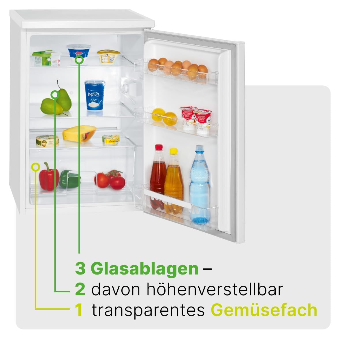 Bomann® refrigerator without freezer compartment with 133L usable capacity | 3 shelves | small with vegetable compartment & changeable door hinge | quiet table refrigerator | H: 84.5 x W: 56 x D: 57.5cm | VS 2185.1 inox