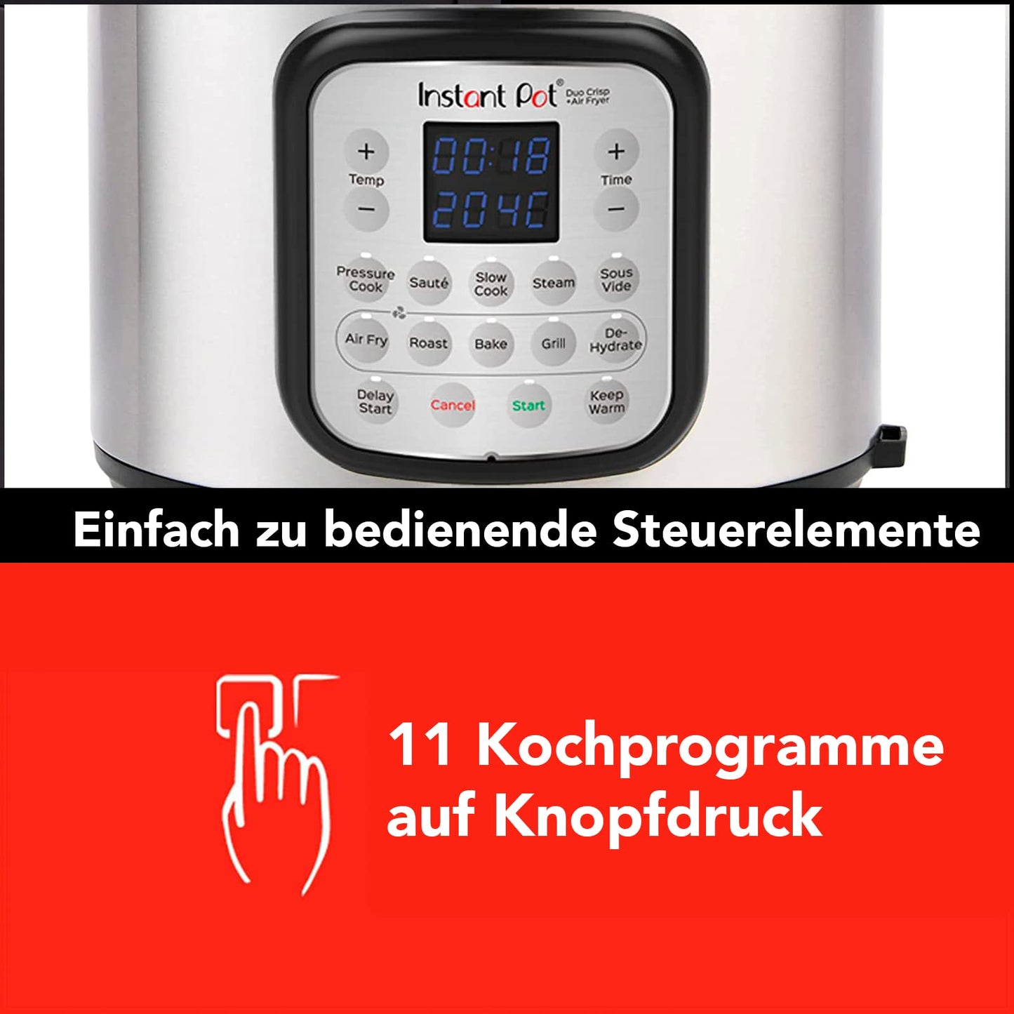 Instant Pot Duo Crisp + Heißluftfritteuse 11-in-1 Elektro-Multikocher - Schnellkochtopf, Luftfritteuse, Schongarer, Dampfgarer, Dehydrator mit Grill, Warmhalte- und Backfunktion, Edelstahl