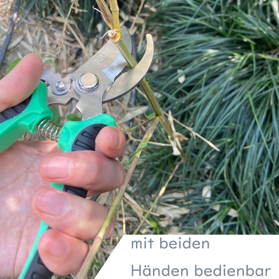Jütze® Gartenschere für Sträucher und Blumen mit Rutschfester Griff & Edelstahl-Klinge, Leicht & Ergonomisch Rosenschere, Sicher mit Klingensperre, Beidhändig bedienbar, Länge 19cm