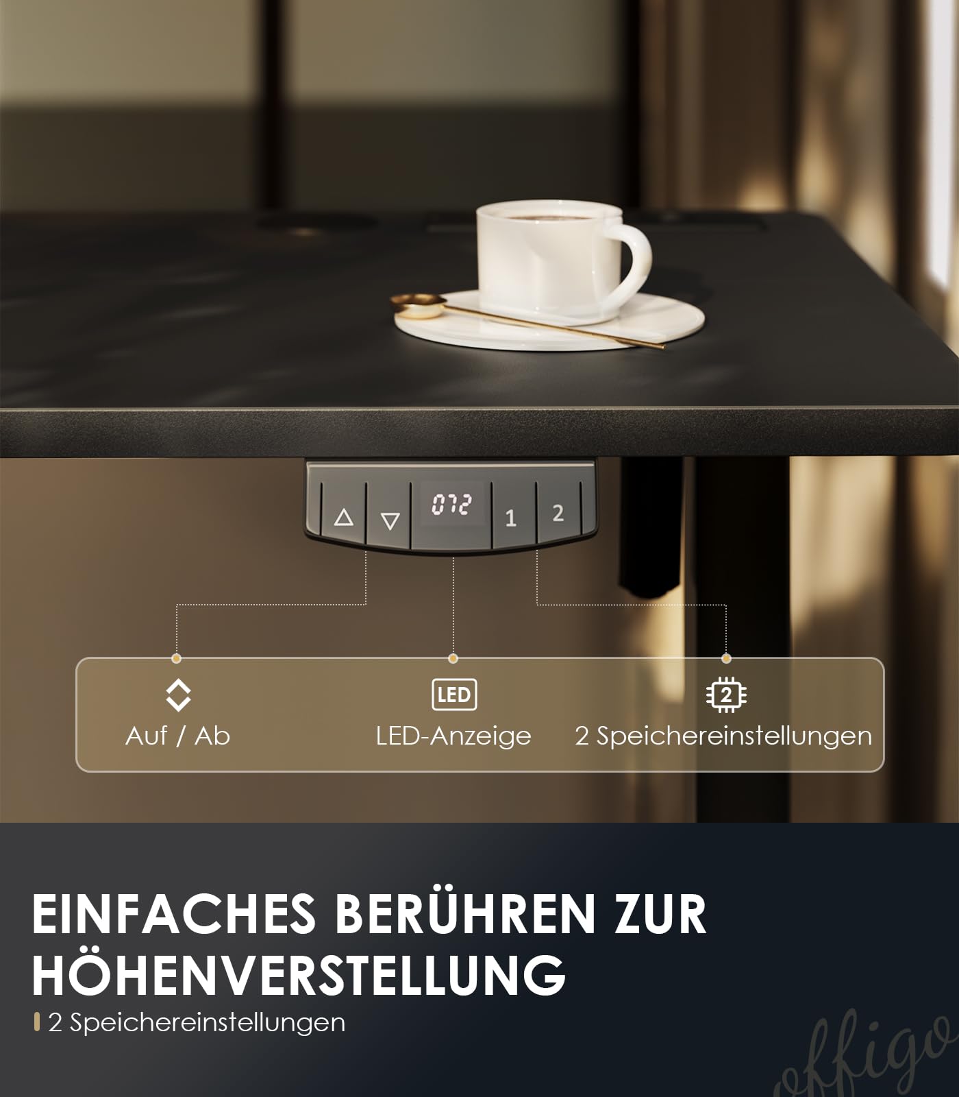 OffiGo Höhenverstellbarer Schreibtisch, 180cm, Elektrischer Schreibtisch mit USB, Schreibtisch Höhenverstellbar mit 2 Memory Funktion, Tisch Höhenverstellbar für Büro, Zuhause, Gaming, Schwarz