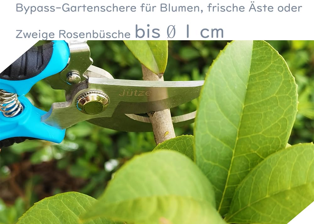 Jütze® Gartenschere für Sträucher und Blumen mit Rutschfester Griff & Edelstahl-Klinge, Leicht & Ergonomisch Rosenschere, Sicher mit Klingensperre, Beidhändig bedienbar, Länge 19cm