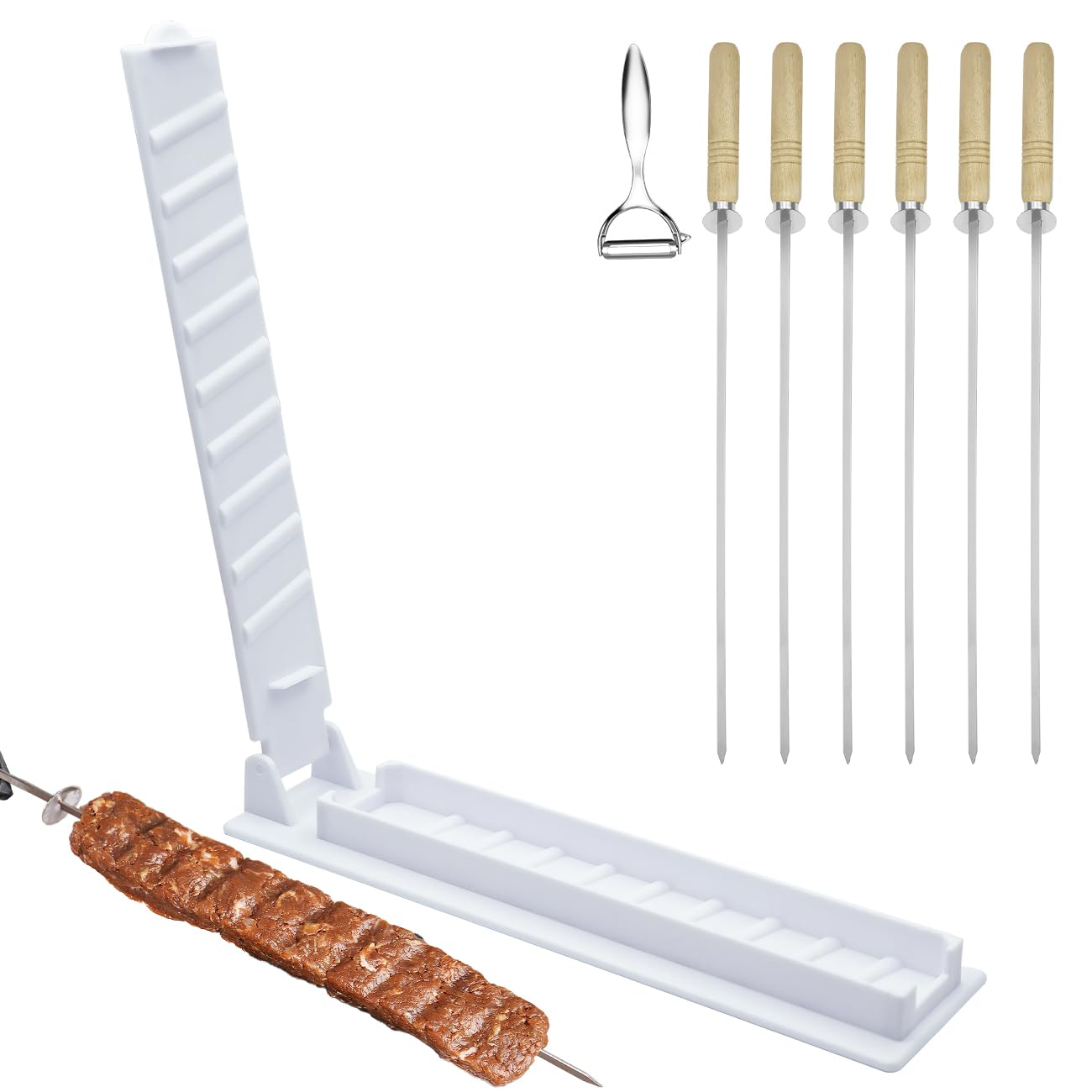 PAXLINSEN Großer Kebab Maker Kunststoff Presse mit 6 Edelstahl Spieße und 1 Schäler, Kabob Spieße Barbecue Maschine Maker Form, tragbare einfach zu bedienen Kebabs Wesentliche Grillen Werkzeug