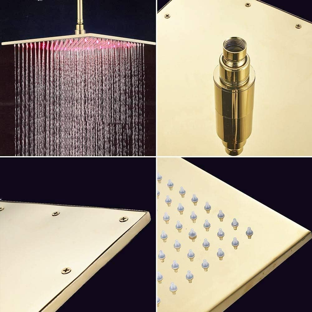 JUNSOTTOR 30 * 30cm Luxus LED Regendusche Einbau-Duschkopf Deckenbrause Quadrat Überkopfbrause Farbewelchseln nach Temperatur aus Messing Schwarz
