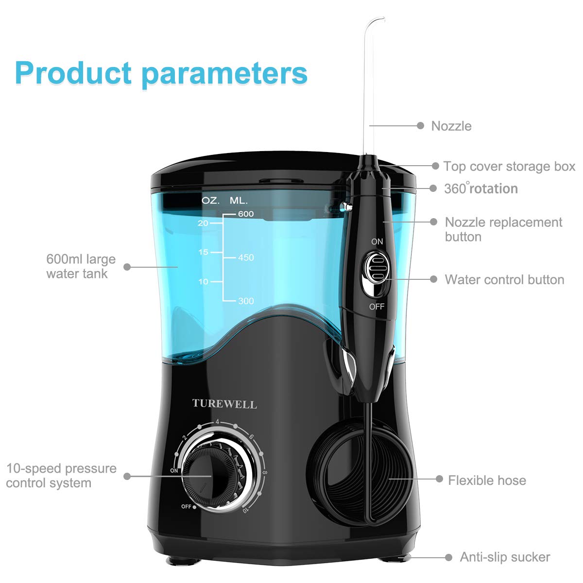 TUREWELL Elektrische Munddusche, Profi-Munddusche mit 10 einstellbaren Wasserdruckwerten, 600ml Fassungsvermögen und 8 multifunktionalen Düsenspitzen (Schwarz)