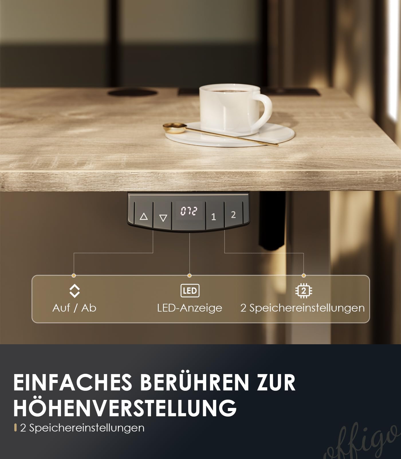 OffiGo Höhenverstellbarer Schreibtisch, 180cm, Elektrischer Schreibtisch mit USB, Schreibtisch Höhenverstellbar mit 2 Memory Funktion, Tisch Höhenverstellbar für Büro, Zuhause, Gaming, Schwarz