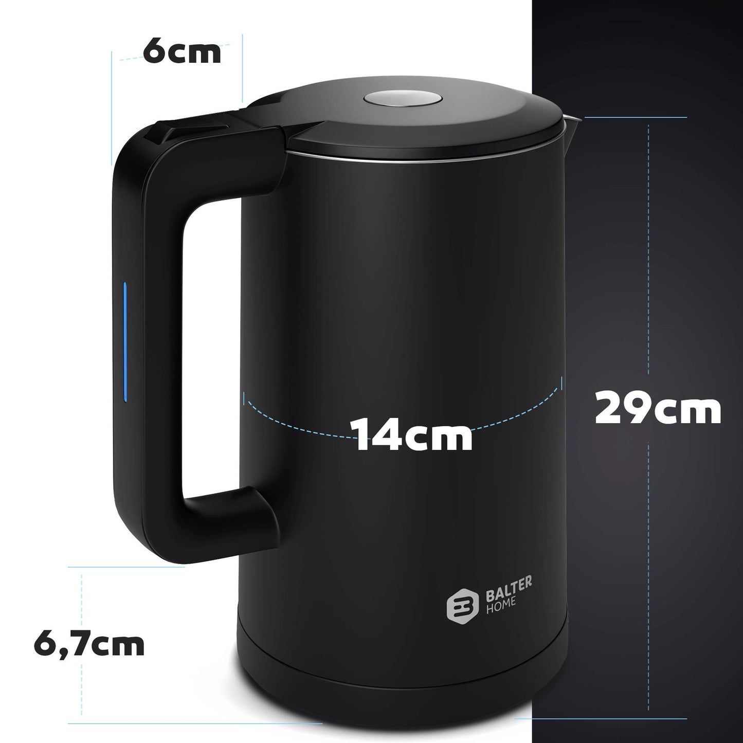 Balter Wasserkocher Edelstahl WK-4, 1,7 Liter, elektrischer Wasserkocher, Doppelwand Design, BPA frei, LED, Teekocher Kompakt, leise (Schwarz)