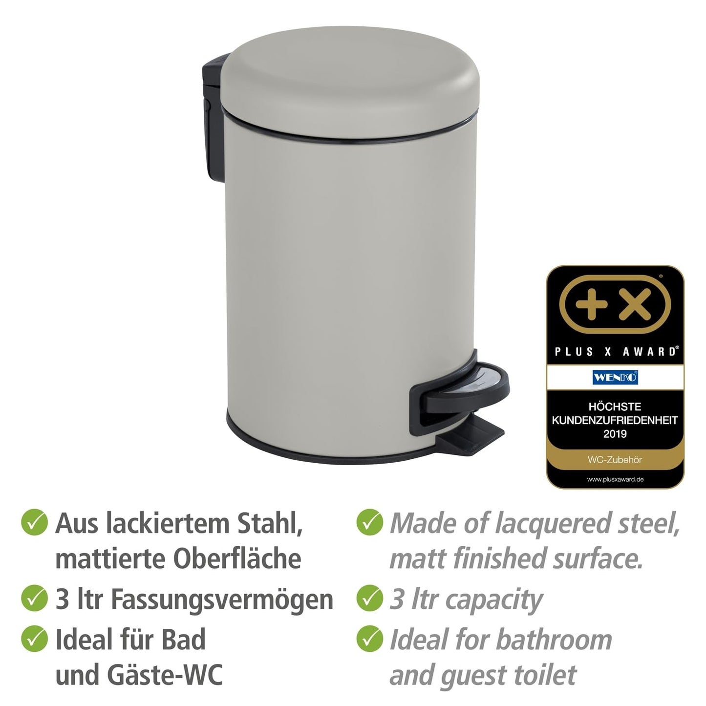 WENKO Treteimer Mod. Leman 3 Liter mit herausnehmbarem Einsatz aus lackiertem Stahl ideal für Badezimmer oder Küche 17 x 25 x 22,5 cm Schwarz matt