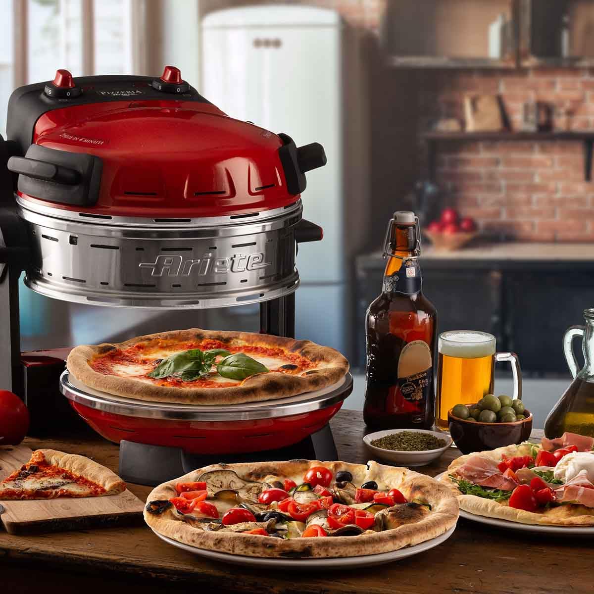 Ariete Pizzaofen 919, 4-Minuten-Pizza, Pizzaofen mit 5 Garstufen, Feuerfeste Platte zum Wiederaufwärmen, Holzbrettchen im Lieferumfang Enthalten, Max. Temperatur 400°C, 1200W, Rot