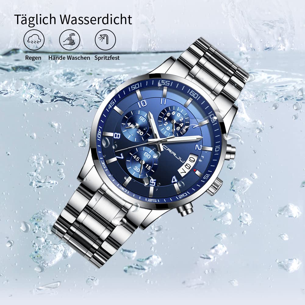 CRRJU Herren Uhr Business Edelstahl wasserdichte Chronographen mit Kalender Armbanduhr Edelstahlband Stoppuhr Analog Quarzuhr