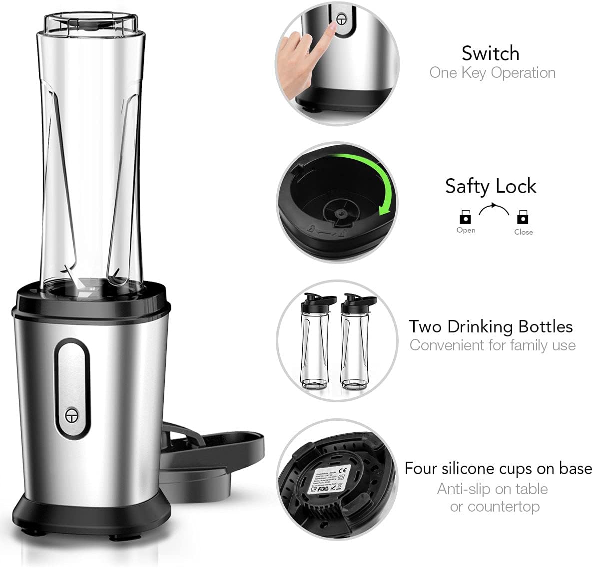 Mixer, 500W Mini Standmixer & Smoothie Maker mit 2x600ml Flaschen BPA frei Tritan, Tragbarer Mixer Smoothie Maker aus Edelstahl 4-Blatt für Shake, Smoothie und Babynahrung, Silber