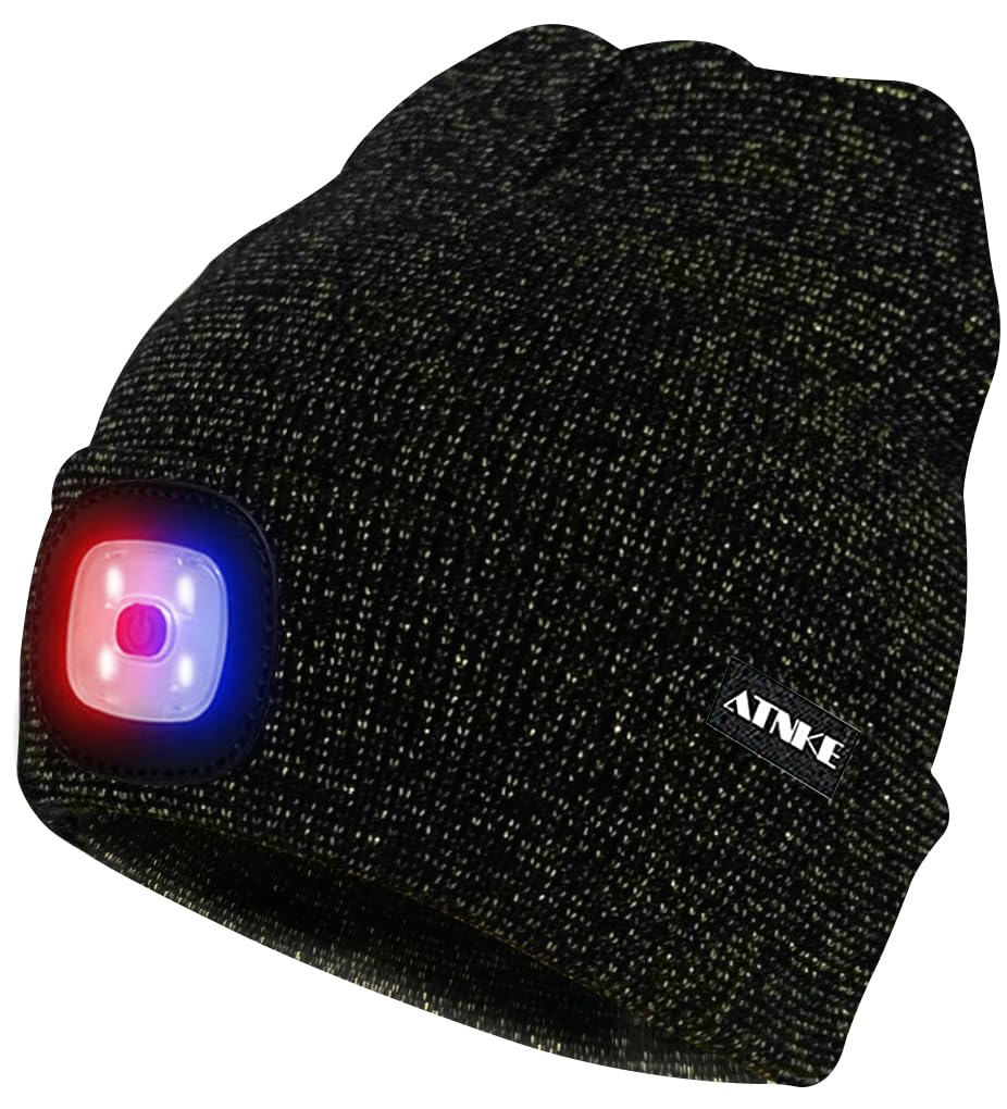 ATNKE LED Beleuchtete Mütze,Wiederaufladbare USB 4 LED Rot und Blau Leuchten Blinkender Laufmütze mit Licht Extrem Heller Lampe Winter Warme für Herren und Damen Geschenke