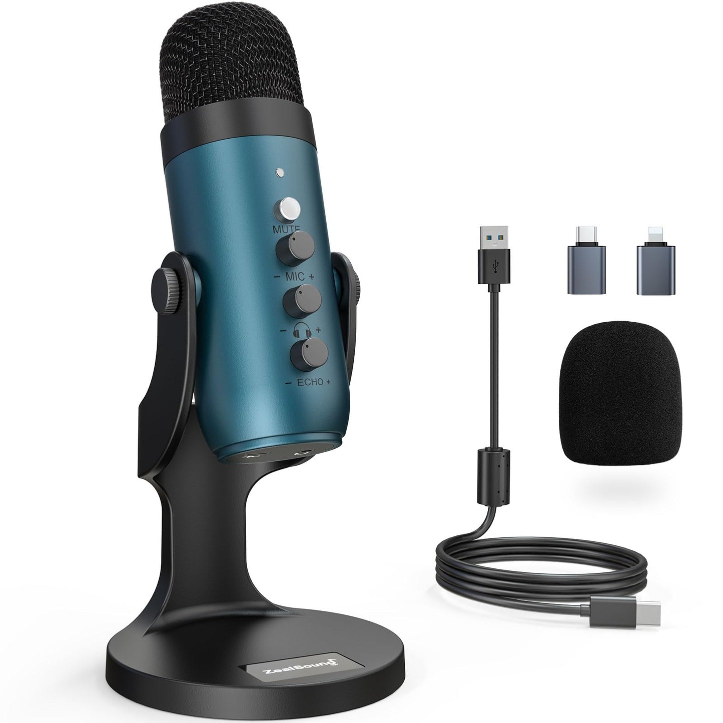 zealsound USB Mikrofon, Kondensator Mikrofon für PC Handy, PS4, PS5, Microphone PC USB C für Gaming, Podcast,Aufnahmen,Streaming,ASMR mit Stumm/Gain/Echo, Adapter für Phone,Kompatibel mit Mac, Winows