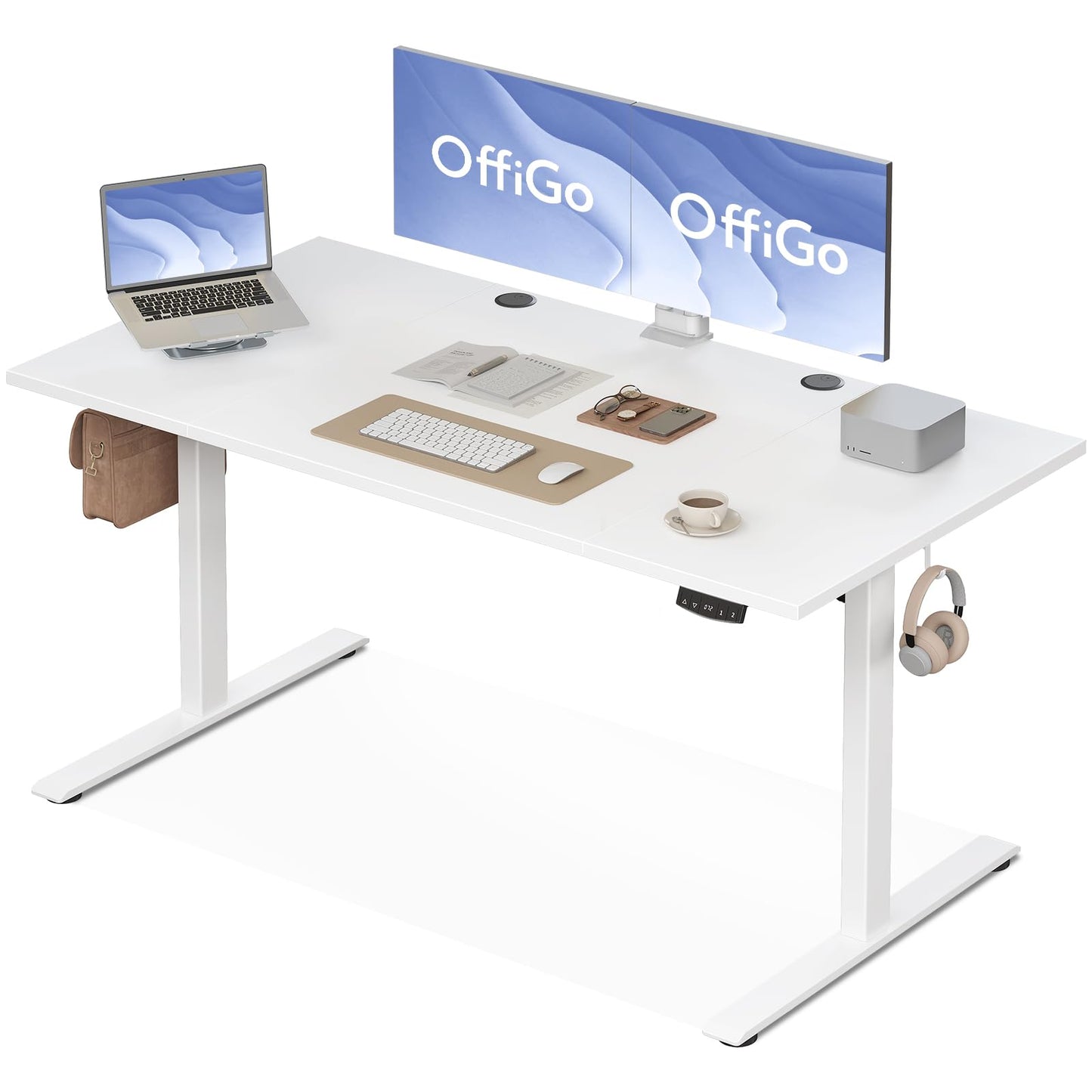 OffiGo Höhenverstellbarer Schreibtisch, 120 cm Elektrischer Schreibtisch, Ergonomischer Tisch mit Memory-Funktion, Gaming Tisch Höhenverstellbar, Moderner Computertisch für Zuhause und Büro, Weiß