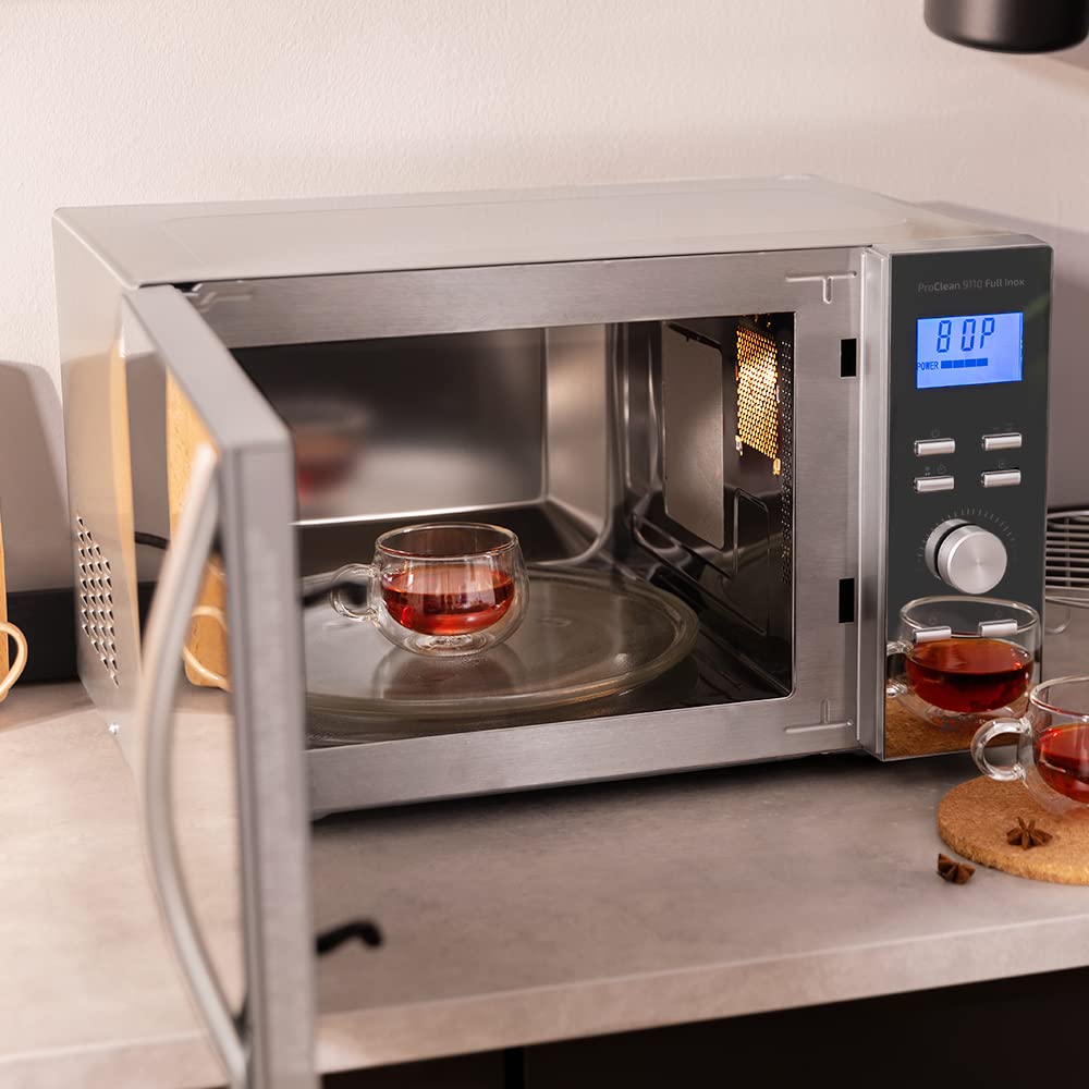 Cecotec Mikrowelle Pro Clean 5110 Inox. 700 W, Grill 800 W, 20 L, Ready 2 Clean, Beschichtung 3D Wave Frontspiegel, 8 Programme,60 Min Timer, LED, Edelstahl In Silber Schwarz