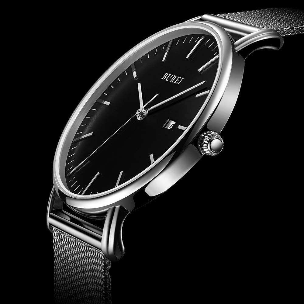 BUREI Ultra Dünne Uhren Herren Schwarze Analoges Datum Armbanduhr Herren mit Japanisches Quarzwerk, Geschenke für Männer