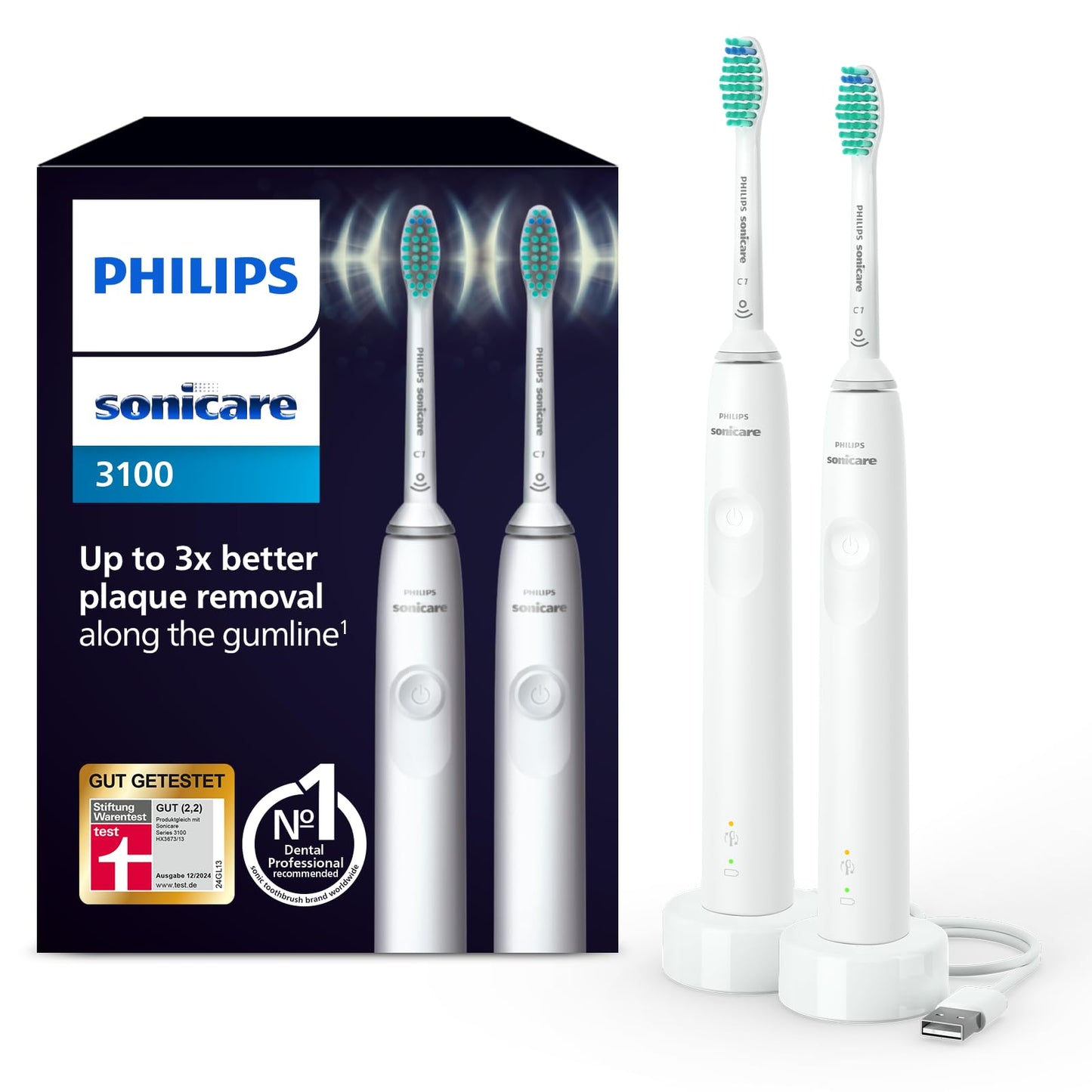 Philips Sonicare 3100 elektrische Zahnbürste, Schallzahnbürste, Andruckkontrolle und Timer, Sugar Rose und Schwarz, Zweierpack, Modell HX3675/15