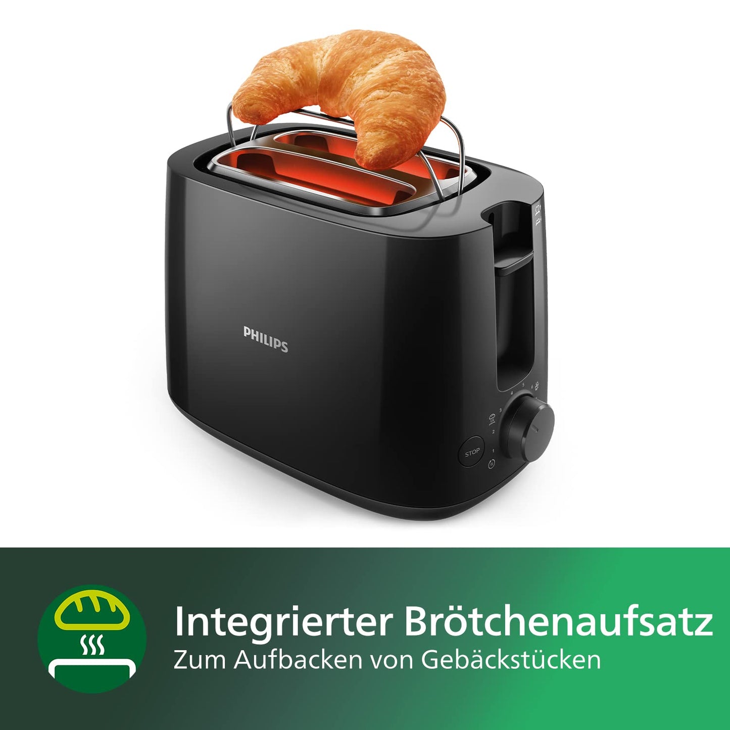 Philips Toaster – 2 Toastschlitze, 8 Stufen, Brötchenaufsatz, Auftaufunktion, Liftfunktion, Abschaltautomatik, schwarz