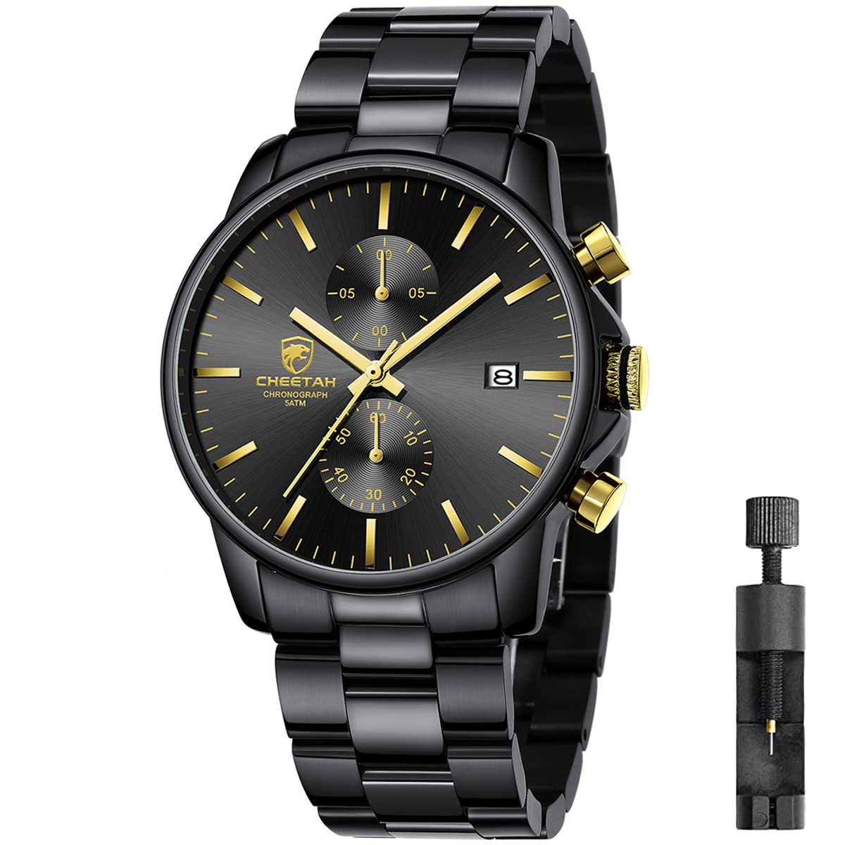 Herrenuhren mit lässiger wasserdichter Chronographen Quarzuhr aus Edelstahl und Metall, Auto Date in farbenfrohen Zeigern