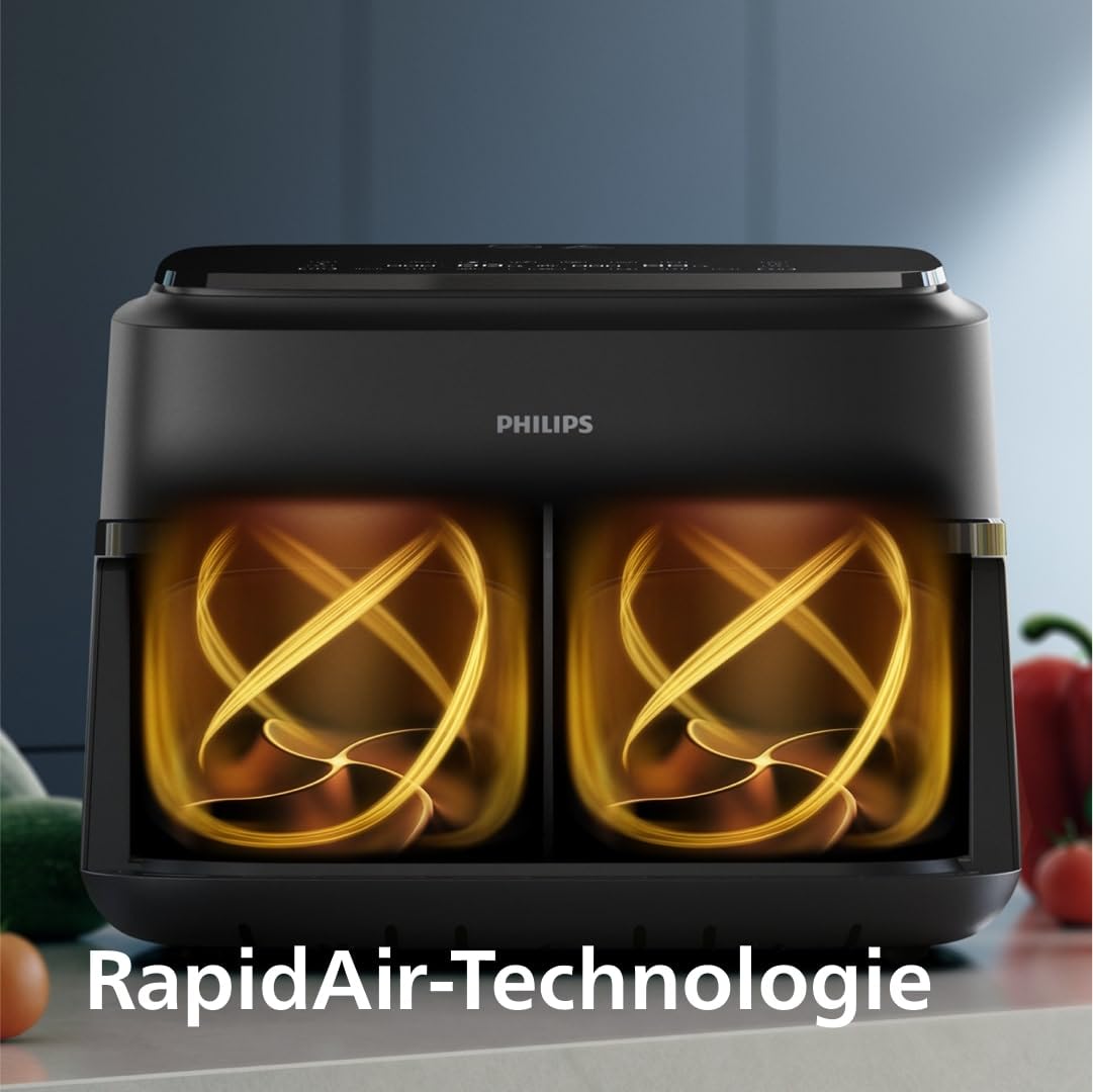 Philips Airfryer Dual Basket 3000 Series, 9L, 2 Körbe, 2 Gerichte gleichzeitig fertig, RapidAir Plus Heißlufttechnologie, 90% weniger Fett, Energieeffizient, HomeID Rezepte-App