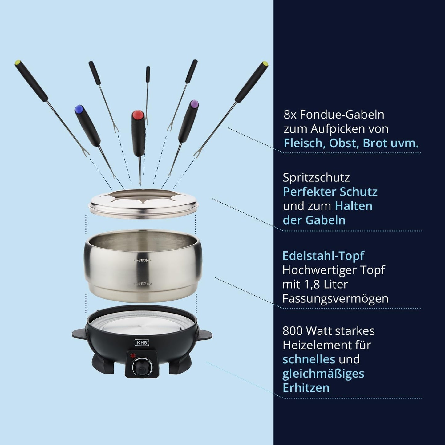 KHG Elektro-Fondue FO-800SE mit Edelstahl-Topf 1,8 L Silber für bis zu 8 Personen, variable Temperatureinstellung, 25x16cm Ideal für Fleisch, Käse oder Schokolade mit 8 Gabeln Spritzschutz 800 W