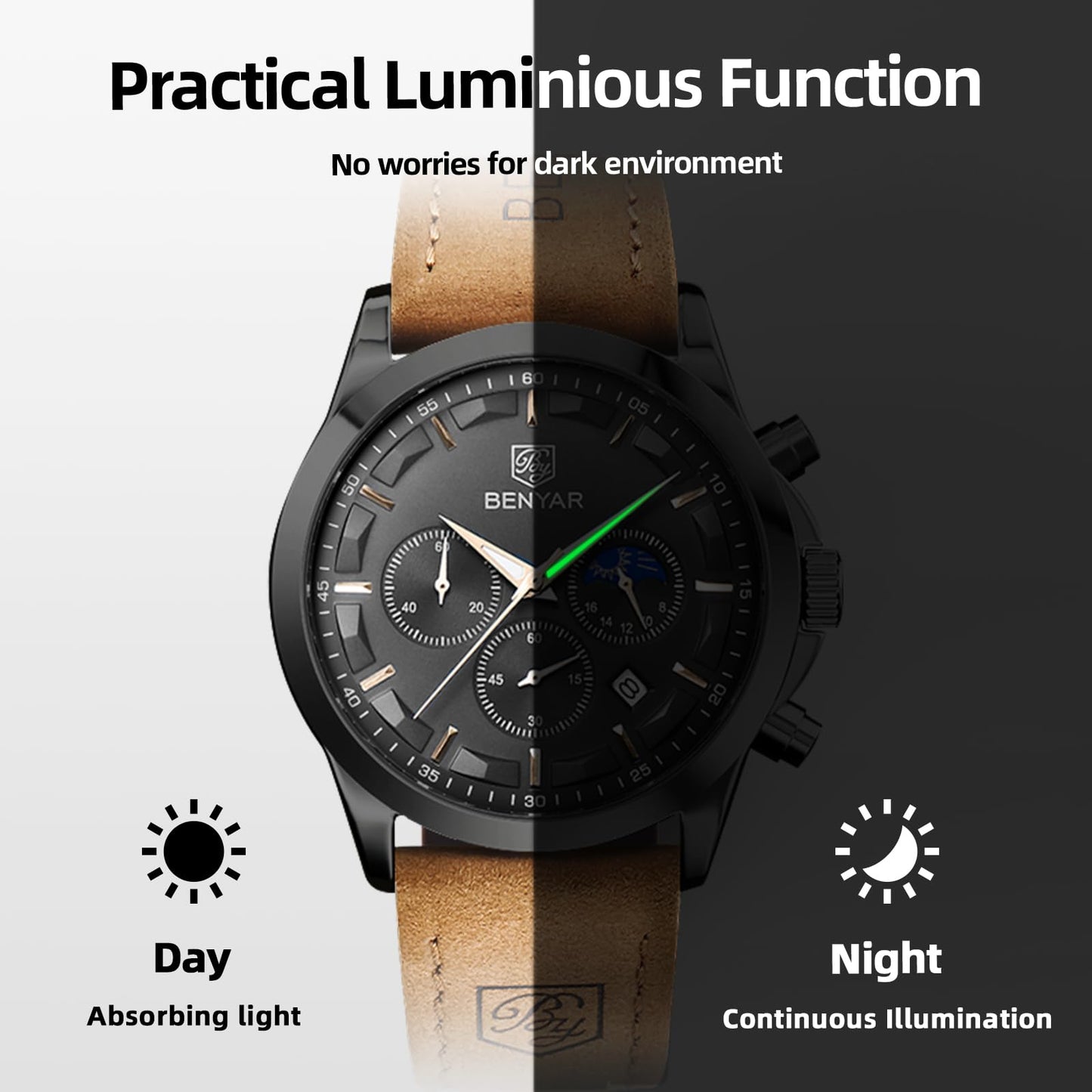 BY BENYAR Uhren Herren Chronograph Analog Quarz Wasserdicht Armbanduhr Herren Mode Lässig Business Herrenuhr mit Kalender Lederarmband/Edelstahlarmband Uhr Geschenk für Männer