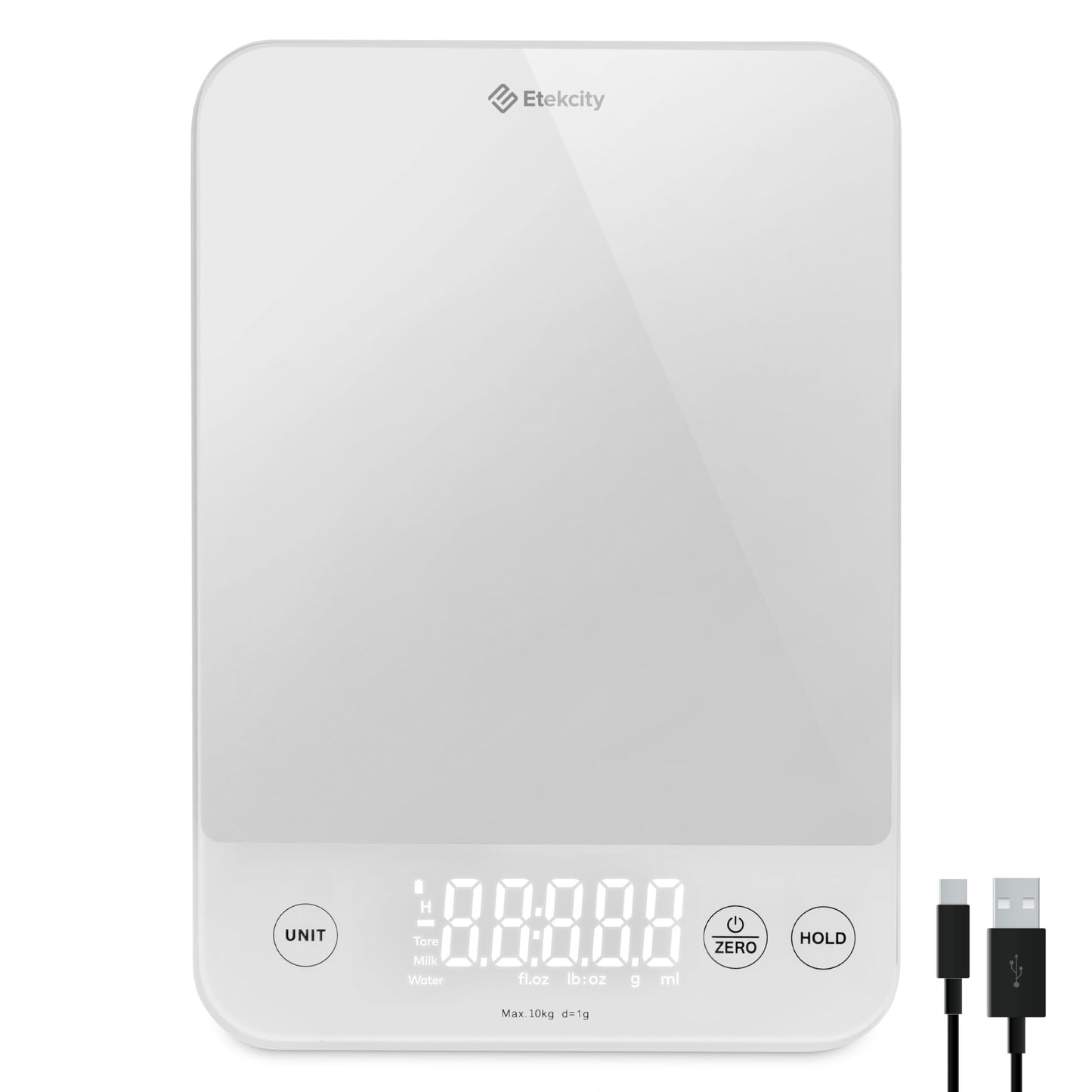 ETEKCITY Küchenwaage, digital 5KG mit großem LCD-Display,Digitalwaage, Briefwaage mit Großer Edelstahl Wiegefläche, Flüssigkeitsmessung, hohe Präzision auf bis zu 1g, Tara-Funktion, Silber