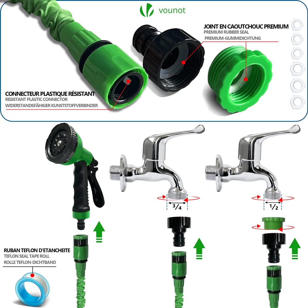 VOUNOT® Flexibler Gartenschlauch 30 m, Flexibel Wasserschlauch Dehnbarer mit 10 Sprühfunktionen, Schnelladaptern und Wandhalterung, Schwarz