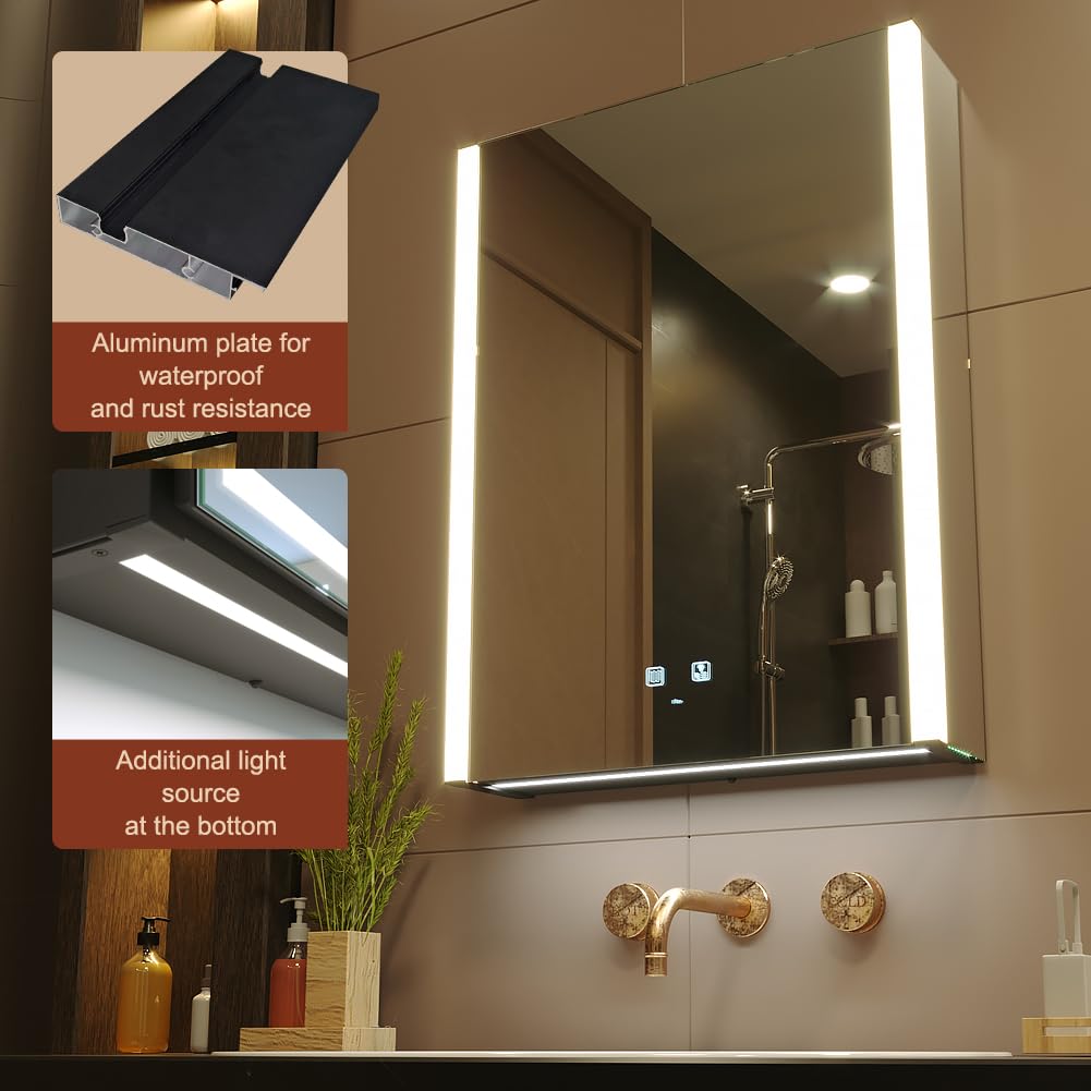 KWW LED Beleuchtetes Badezimmer Medizin Kabinett mit Spiegel, Farbtemperatur Einstellbar, Anti-Nebel Dimmbare Lichter, Steckdosen für USBs (80 x 70 cm)