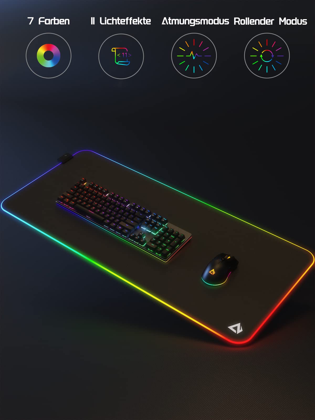 EASEMO Gaming Mauspad, RGB Mousepad, XXL groß (900 x 400 x 4 mm) mit 7 LED-Farben, 11 Beleuchtungsmodi, und wasserdichter Stoffoberfläche, rutschfeste Gummiunterseite für PC, Laptop, Tastatur