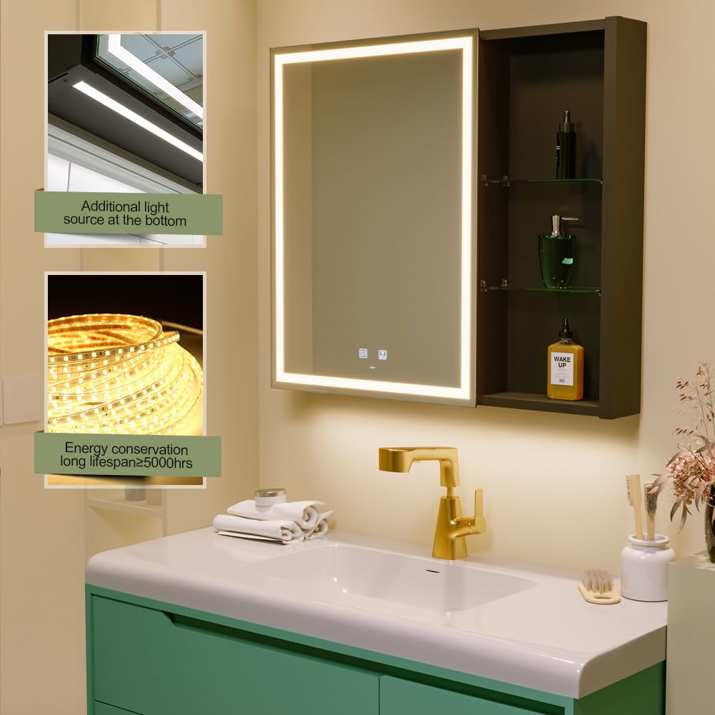 KWW LED Beleuchtetes Badezimmer Medizin Kabinett mit Spiegel, Farbtemperatur Einstellbar, Anti-Nebel Dimmbare Lichter, Steckdosen für USBs (80 x 70 cm)