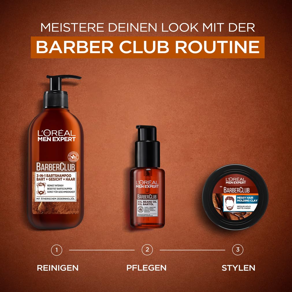 L'Oréal Men Expert XXL Bartöl für Männer, Unterstützung beim gesunden Bartwachstum, Beruhigende Bartpflege für Herren mit Zedernholzöl, Barber Club, 1 x 50 ml