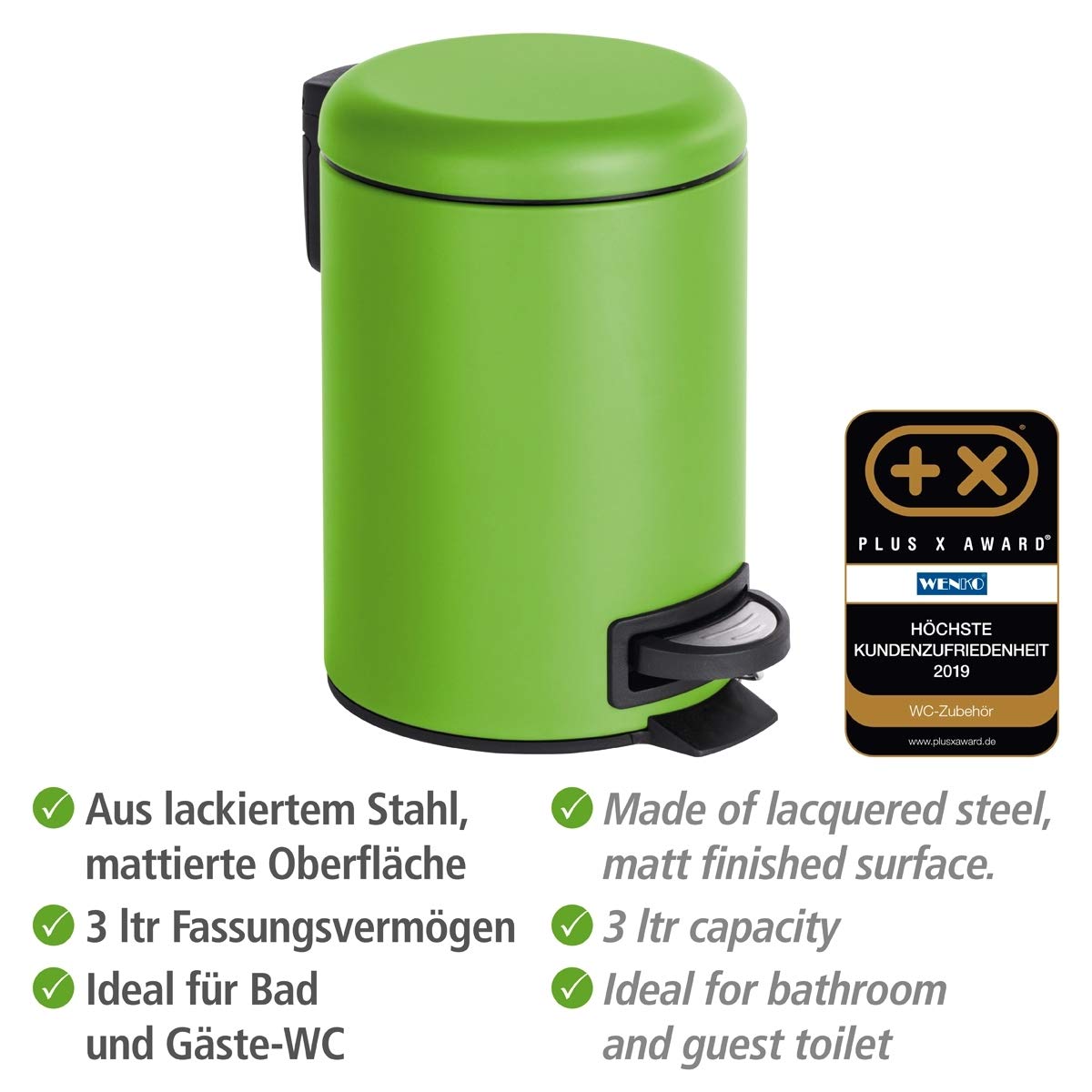WENKO Treteimer Mod. Leman 3 Liter mit herausnehmbarem Einsatz aus lackiertem Stahl ideal für Badezimmer oder Küche 17 x 25 x 22,5 cm Schwarz matt