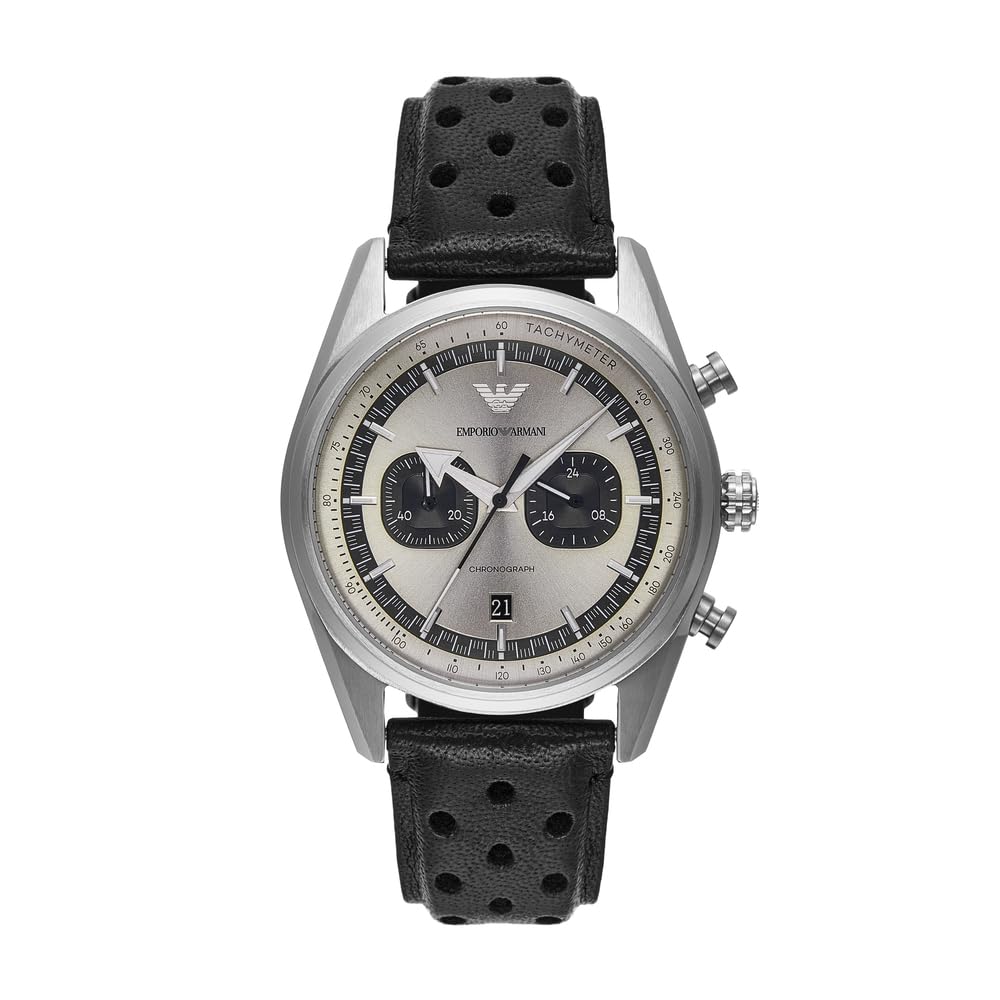 Emporio Armani Uhr für Männer, 2 Unterzifferblätter Chronographenwerk und 43mm Gehäusegröße mit Edelstahl-, Leder- oder Silikonarmband