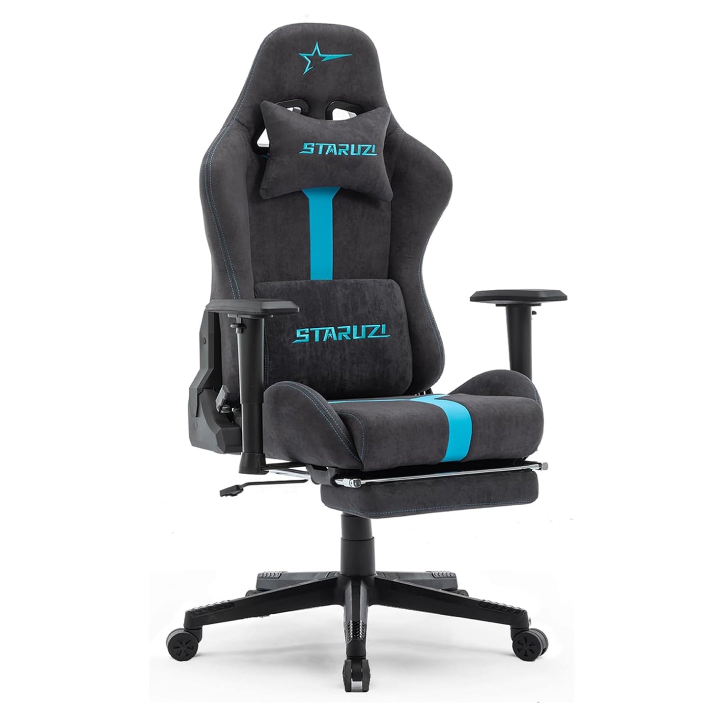 STARUZI Gaming Stuhl aus Wildlederimitat Stoff, Ergonomischer PC Stuhl, Gamer Stuhl mit Fußstütze, Atmungsaktiver Game Drehsessel mit Verstellbare Armlehne, Grau-Grün