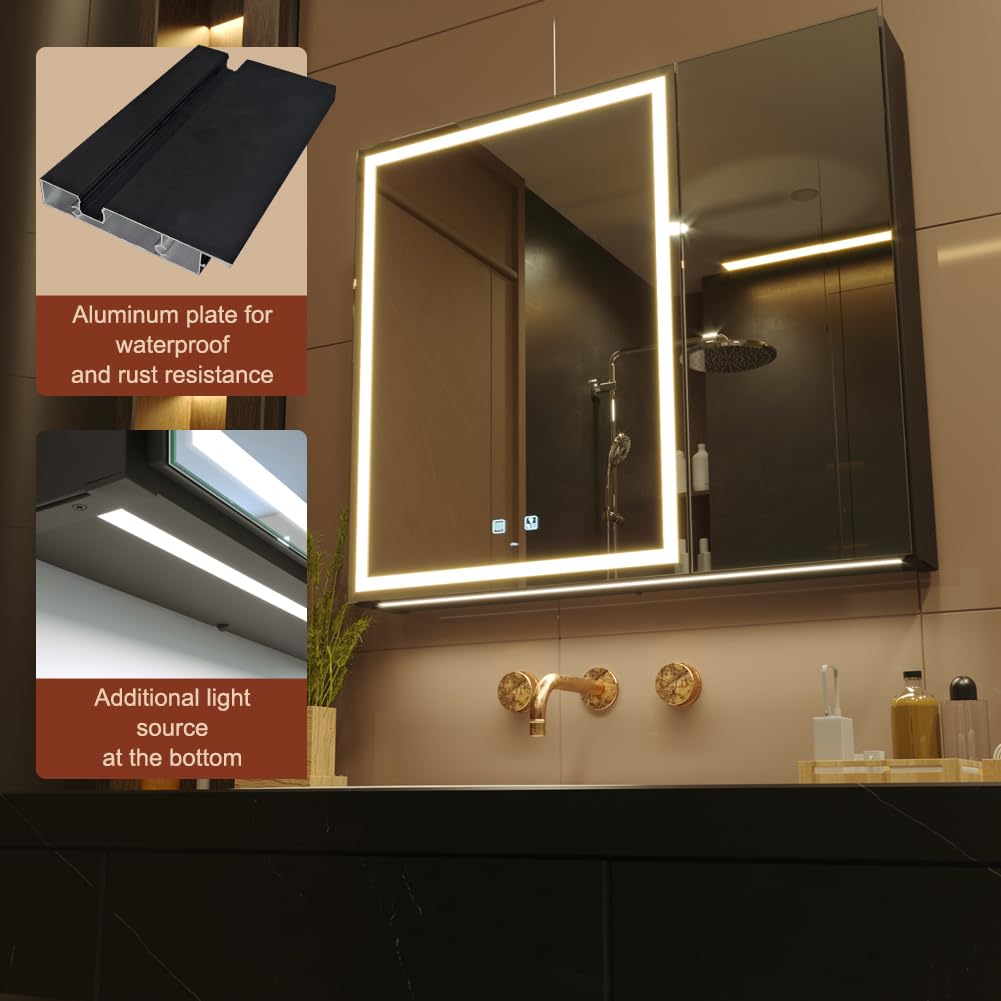 KWW LED Beleuchtetes Badezimmer Medizin Kabinett mit Spiegel, Farbtemperatur Einstellbar, Anti-Nebel Dimmbare Lichter, Steckdosen für USBs (80 x 70 cm)
