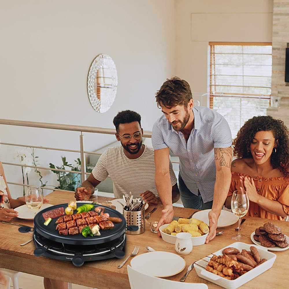 Raclette 8 Personen - Raclette Grill mit 8 Raclette Pfännchen und 2 Holzspateln Antihaftbeschichtung Thermostat Barbecue Grill Elektrische Grillpfannen für Familie - 1300W