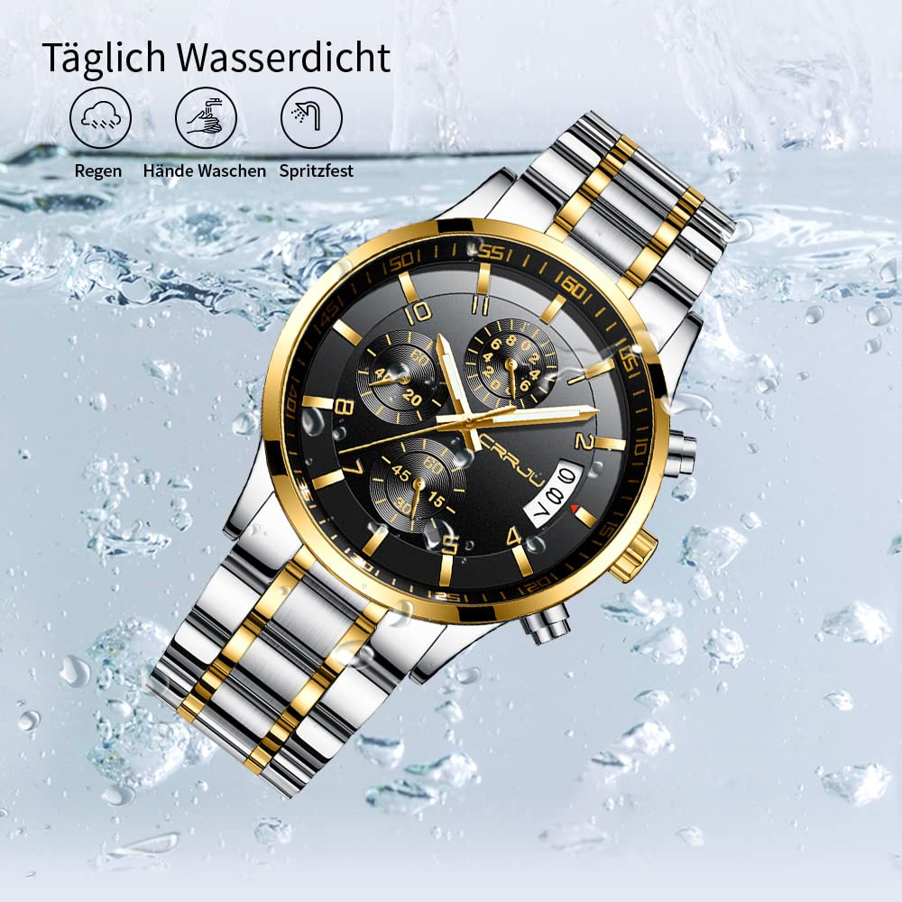 CRRJU Herren Uhr Business Edelstahl wasserdichte Chronographen mit Kalender Armbanduhr Edelstahlband Stoppuhr Analog Quarzuhr