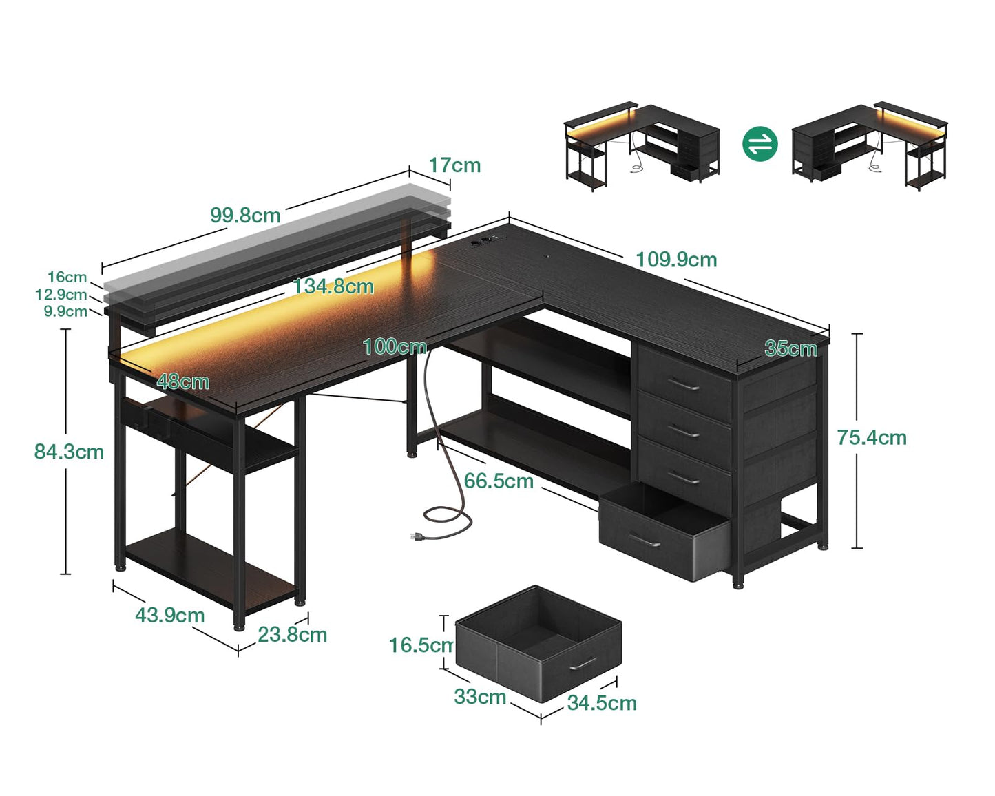 ODK Schreibtisch mit Schubladen, Reversible Eckschreibtisch mit 2 Steckdosen und 2 USB Ladeanschluss, Bürotisch L Form mit LED für Home Office 135×110cm (Schwarz)