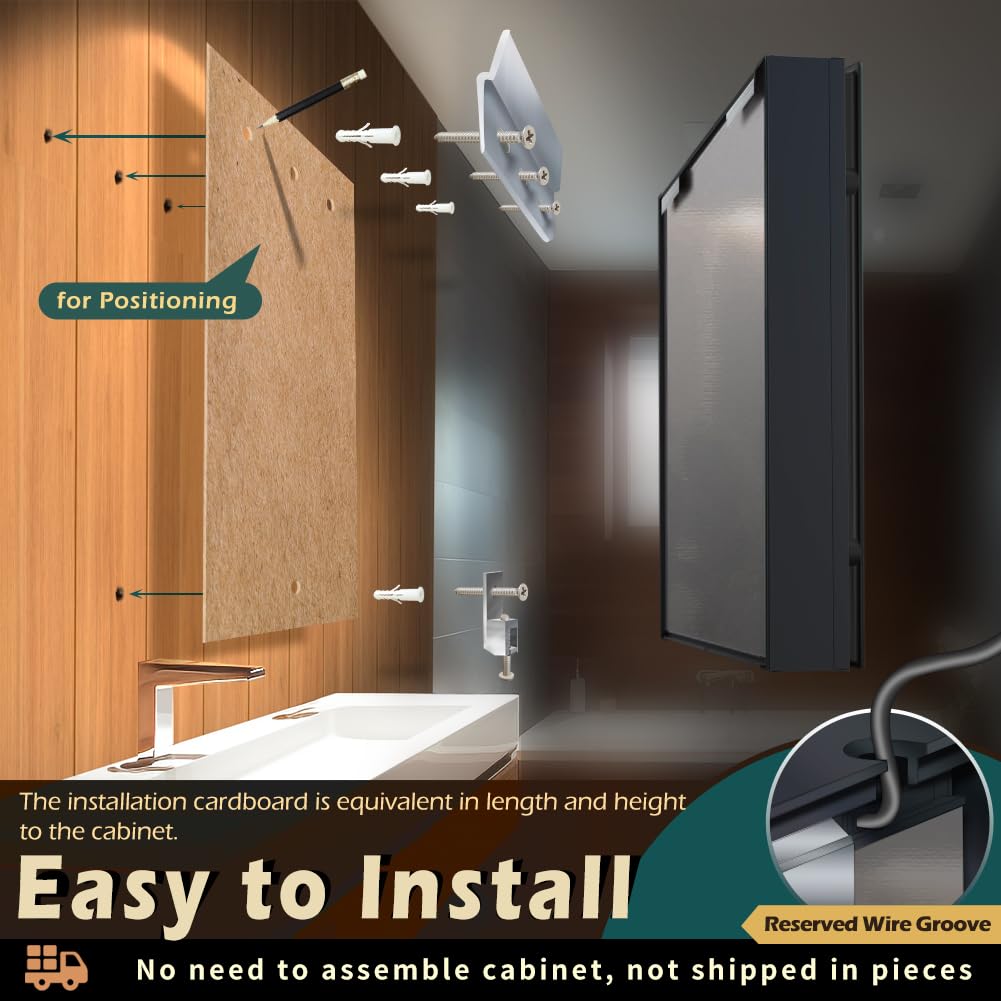 KWW LED Beleuchtetes Badezimmer Medizin Kabinett mit Spiegel, Farbtemperatur Einstellbar, Anti-Nebel Dimmbare Lichter, Steckdosen für USBs (80 x 70 cm)