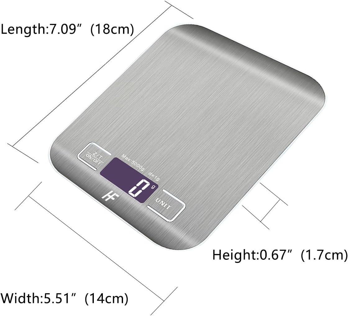 HomeFashion Küchenwaage Edelstahl, Hochpräzise 5kg 1g Digitalwaage mit LCD Display, Tara-Funktion, 6 Maßeinheiten, Batterien inklusive