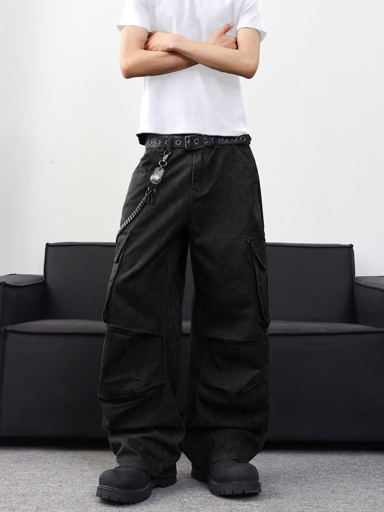 Zewool Men’s Casual Wide-Leg Denim Cargo Pants – Medium Weight Baggy Jeans