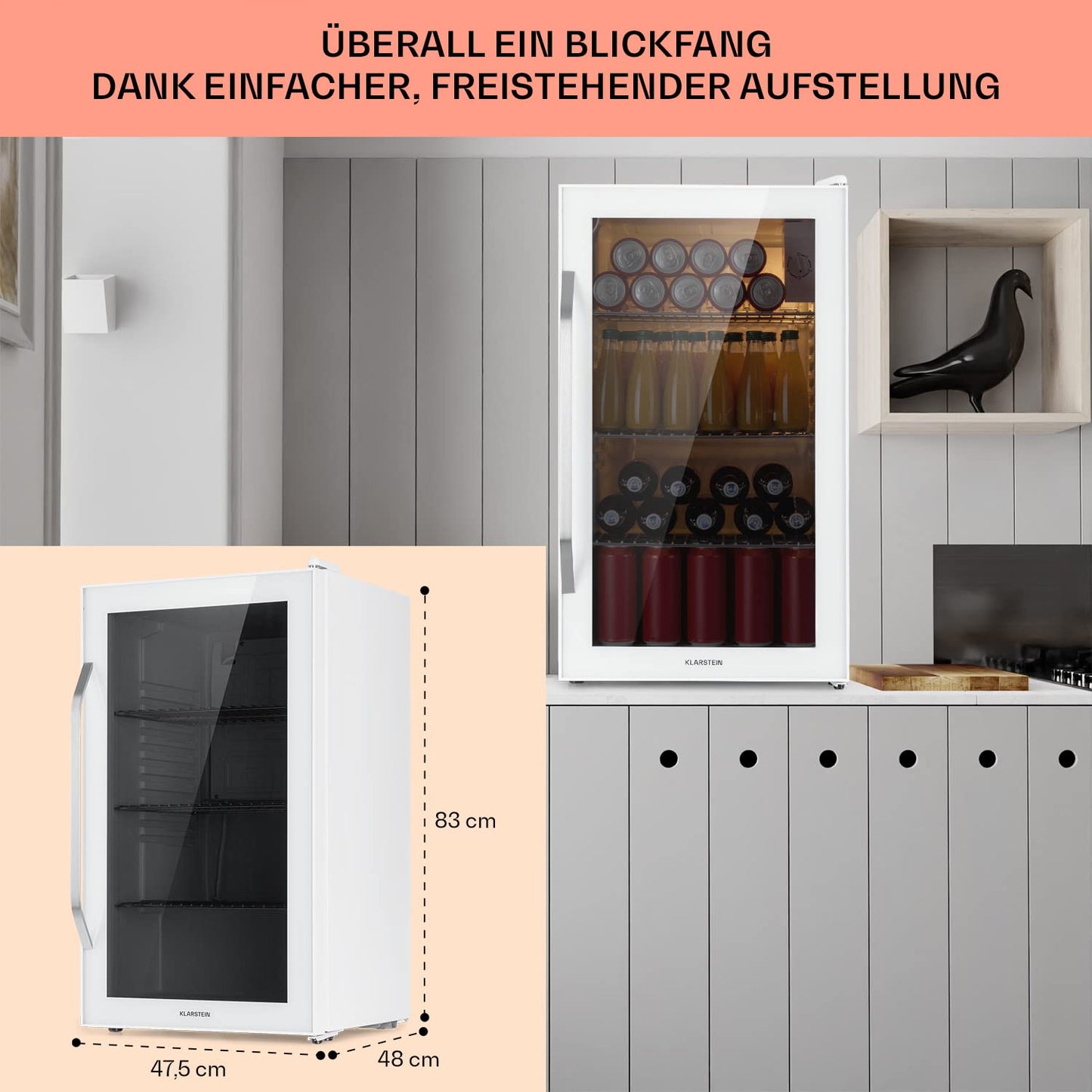 Klarstein Mini Fridge with Glass Door, Mini, for Room, Drinks Fridge Small with Adjustable Shelves, with Waveform Racks, 60 Liter Refrigerator Quiet