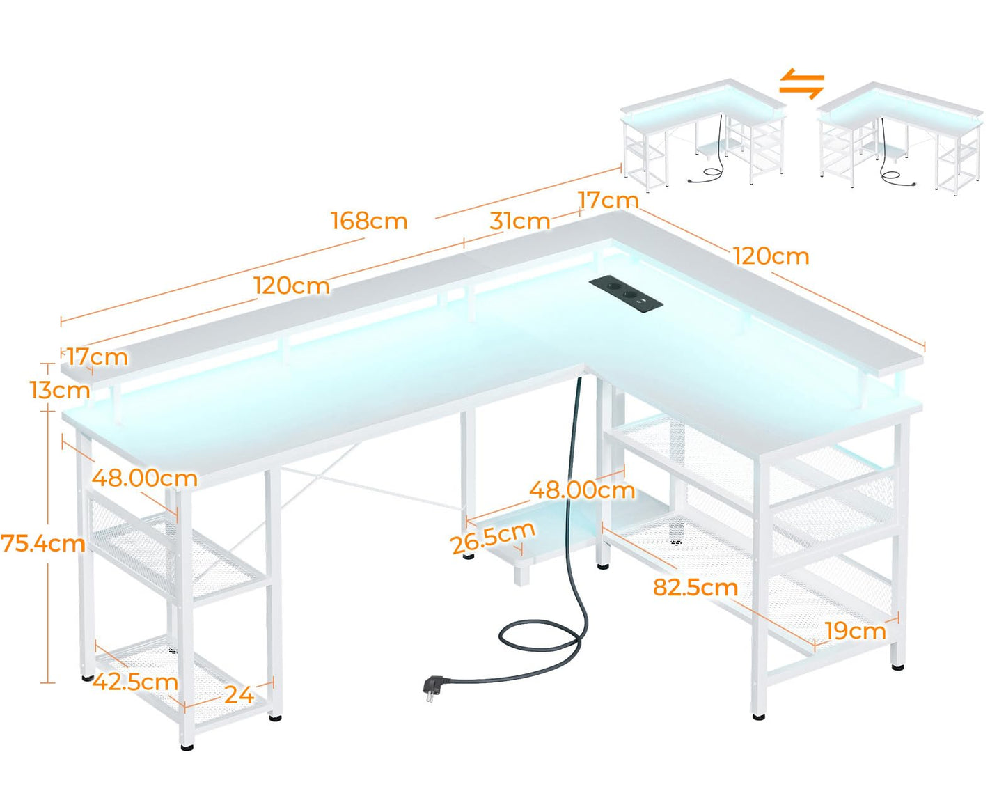 ODK Gaming Tisch mit LED, Reversibel Gaming Schreibtisch mit 2 Steckdosen & 2 USB-Ladeanschlüssen, Eckschreibtisch Groß mit Netzablage, Schwarz 150×102cm