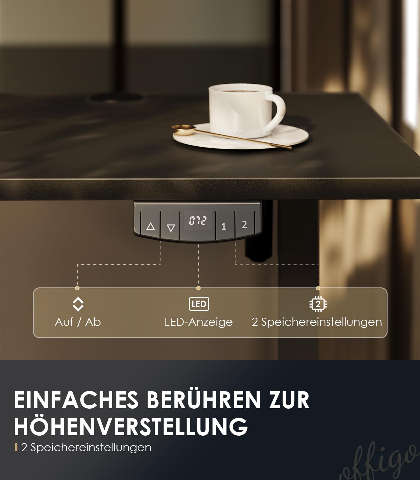 OffiGo Höhenverstellbarer Schreibtisch, 180cm, Elektrischer Schreibtisch mit USB, Schreibtisch Höhenverstellbar mit 2 Memory Funktion, Tisch Höhenverstellbar für Büro, Zuhause, Gaming, Schwarz