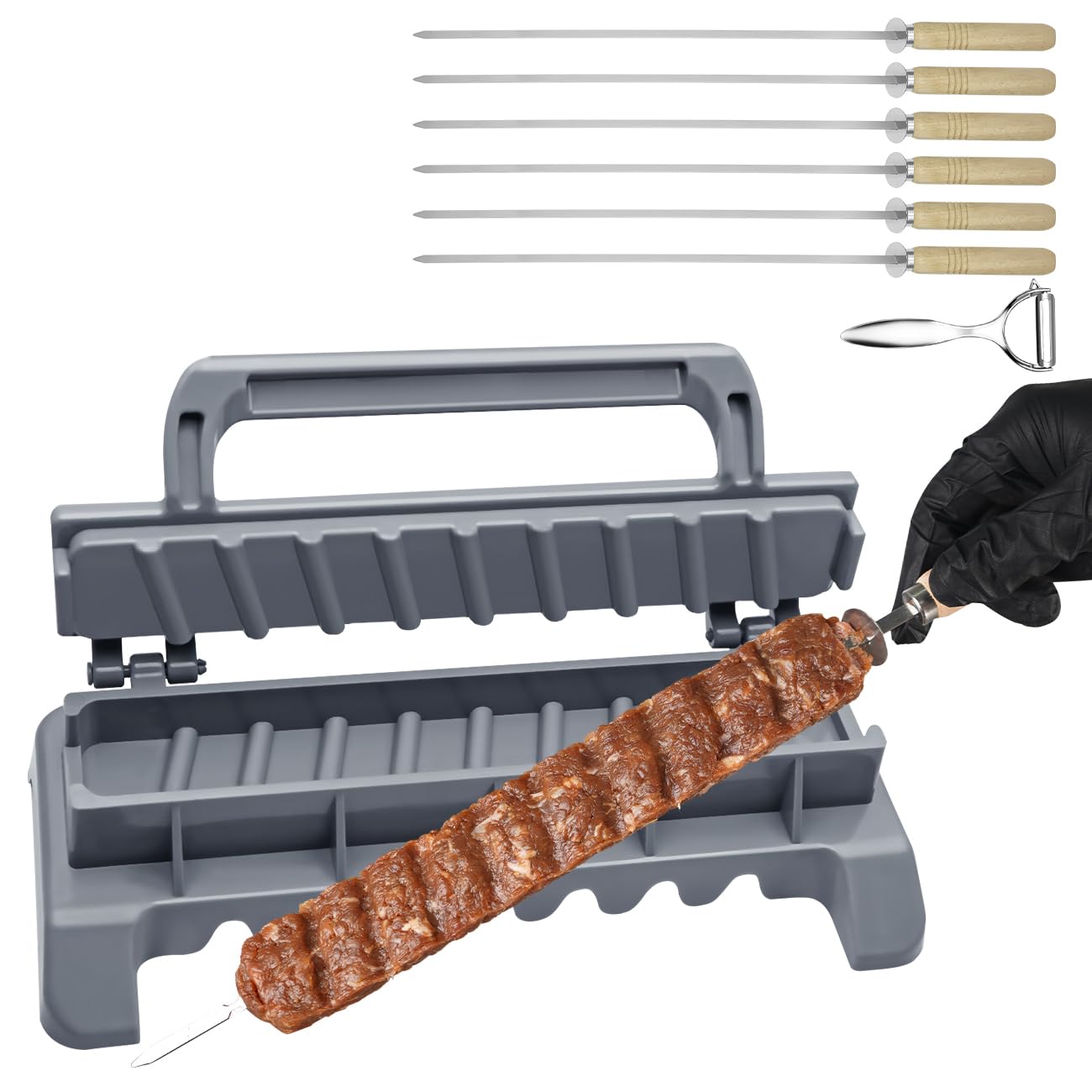 PAXLINSEN Großer Kebab Maker Kunststoff Presse mit 6 Edelstahl Spieße und 1 Schäler, Kabob Spieße Barbecue Maschine Maker Form, tragbare einfach zu bedienen Kebabs Wesentliche Grillen Werkzeug